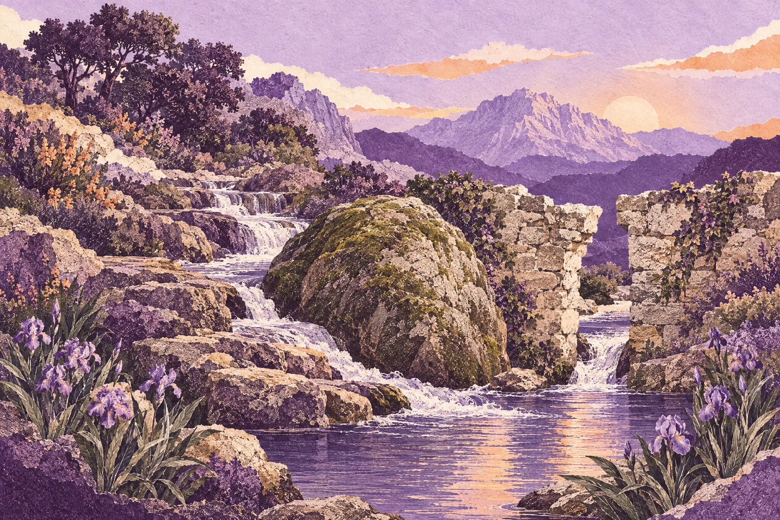 Illustration of a mountain stream flowing around a mossy boulder and through a gap in a stone wall