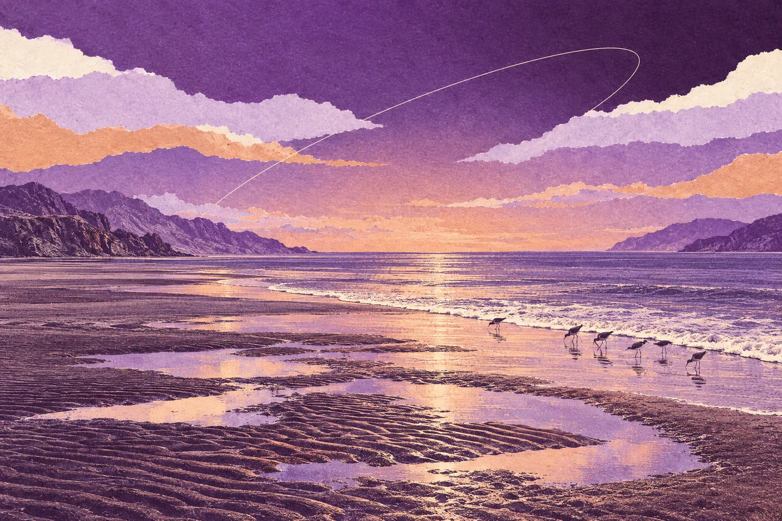 Illustration of a wide sandy bay at low tide at dusk, the returning tide washing back across the flats