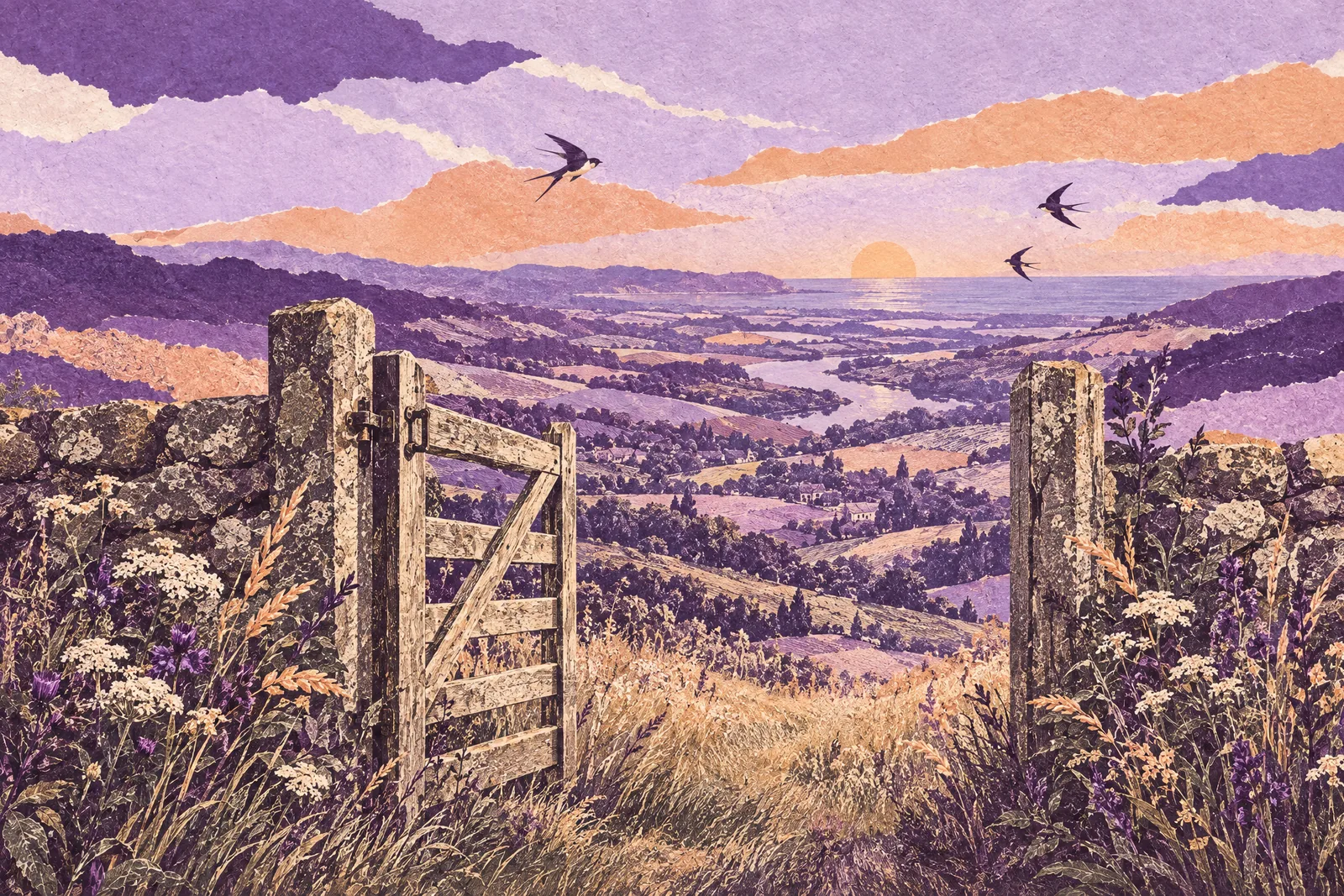 Illustration of a wooden gate standing open on a hilltop, looking out over a wide valley to the sea