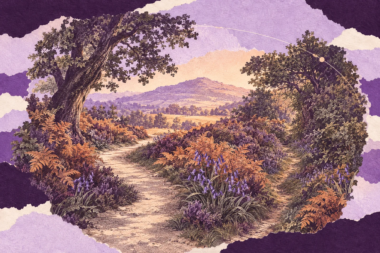 Illustration of a fork in a woodland trail, one narrow path winding off toward a sunlit clearing