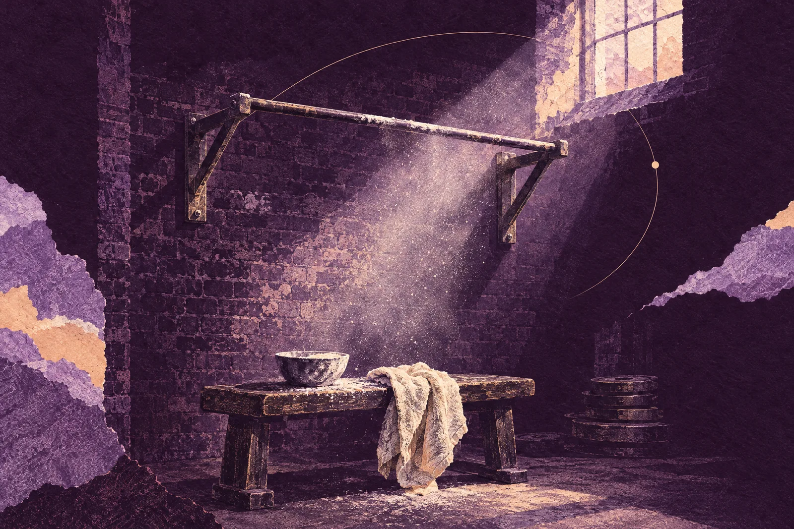 Illustration of an iron pull-up bar on a brick wall in a dark gym, lit by a single beam of light
