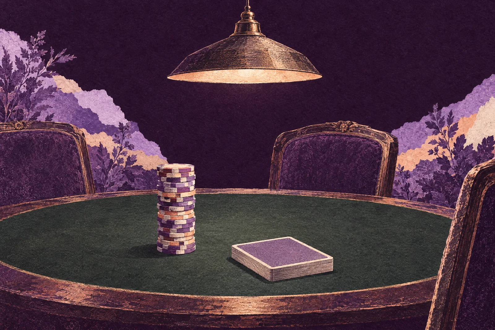Illustration of a late-night card table with all the poker chips gathered into one tall stack