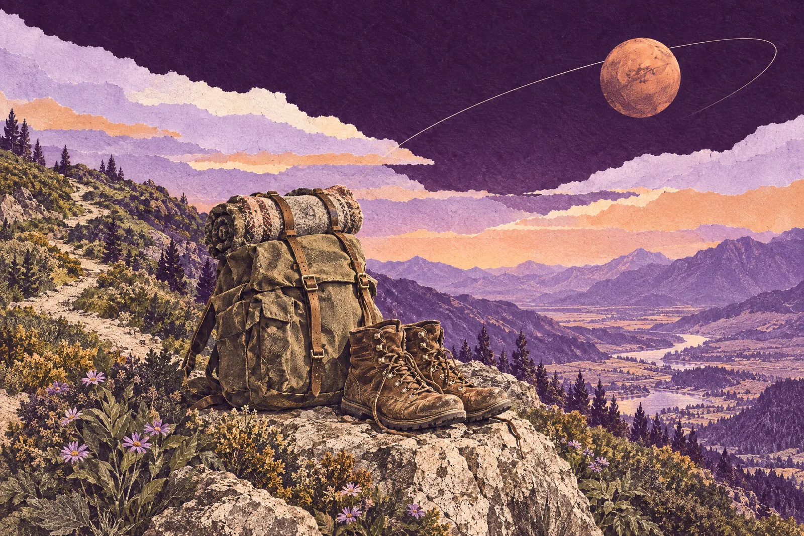 Illustration of a heavy backpack and worn hiking boots on a boulder near a mountain summit at dusk