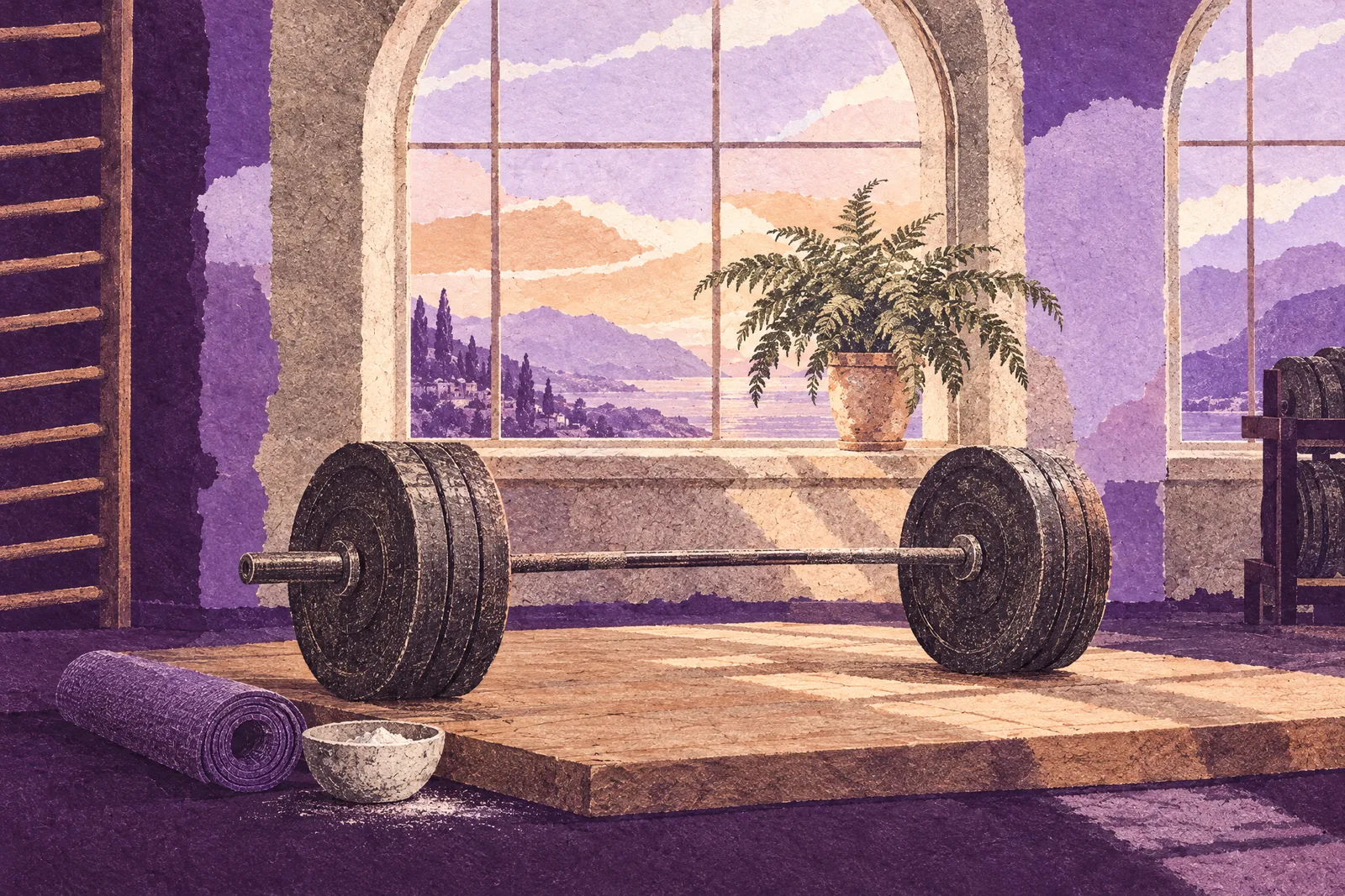 Illustration of a loaded iron barbell on a wooden platform in a calm, sunlit old gym