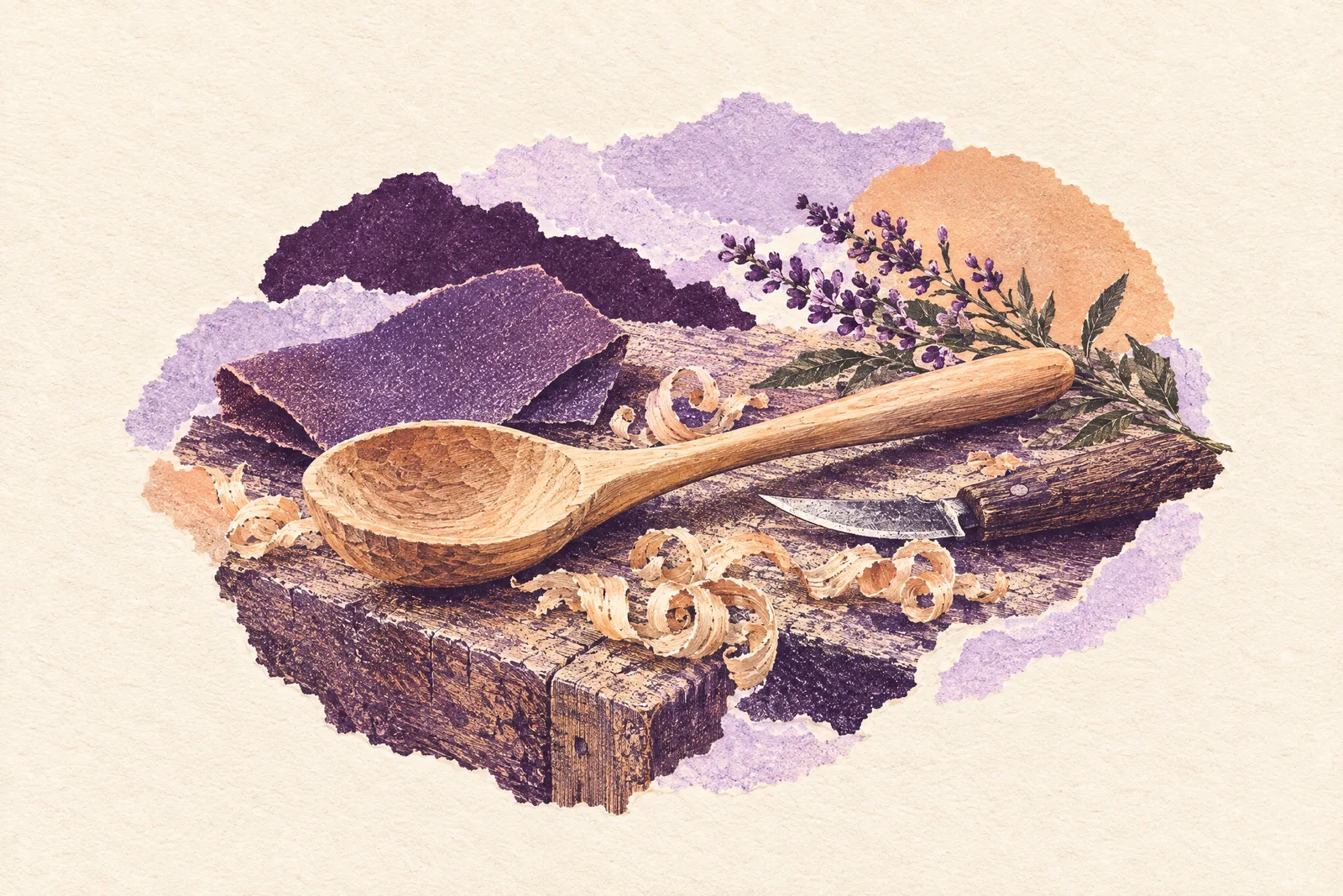 Illustration of a hand-carved wooden spoon on a workbench with wood shavings and sandpaper