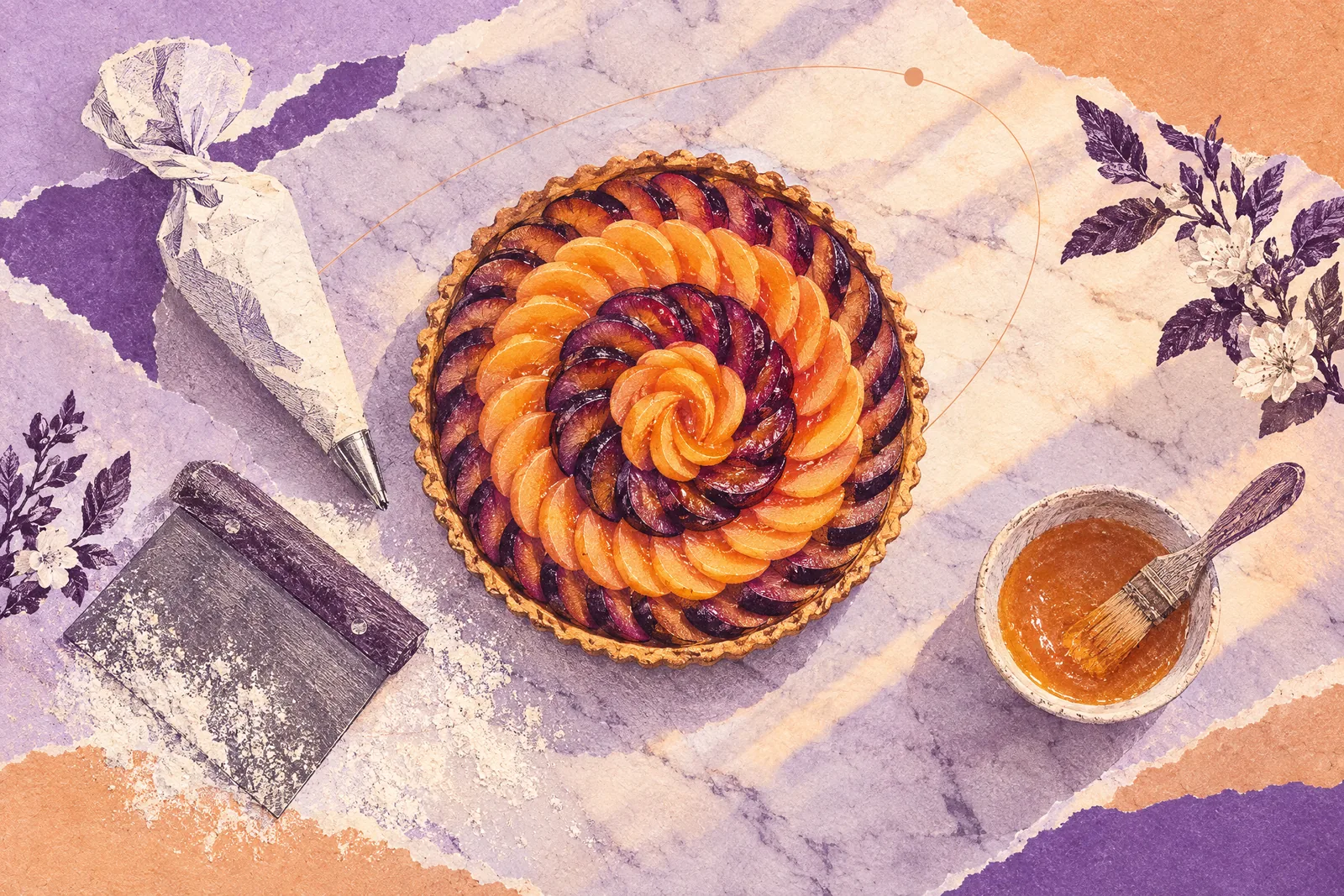 Illustration of a fruit tart with neat rings of apricot and plum slices on a marble counter, seen from above
