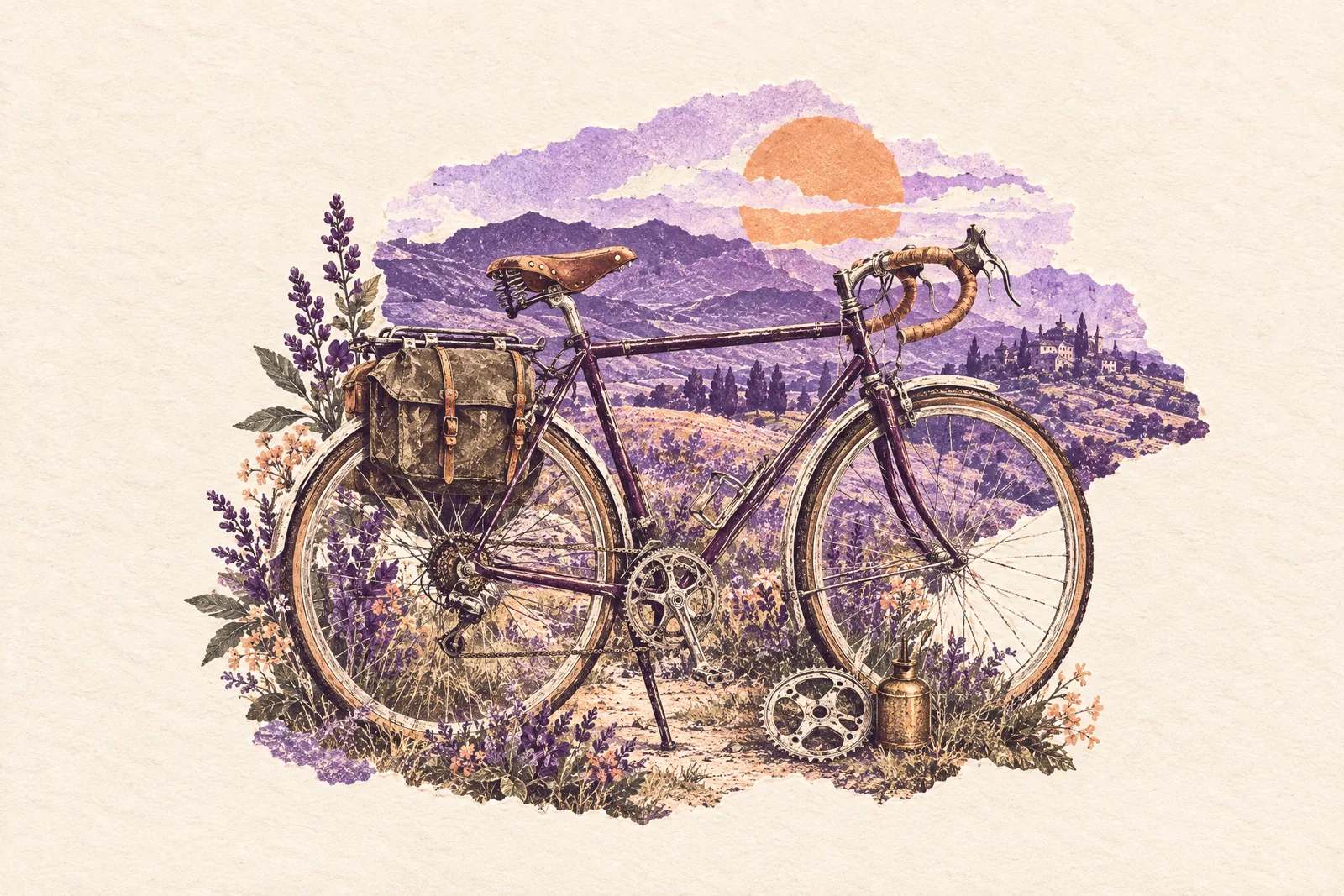 Illustration of a vintage bicycle with a spare chainring and a small oil can beside it