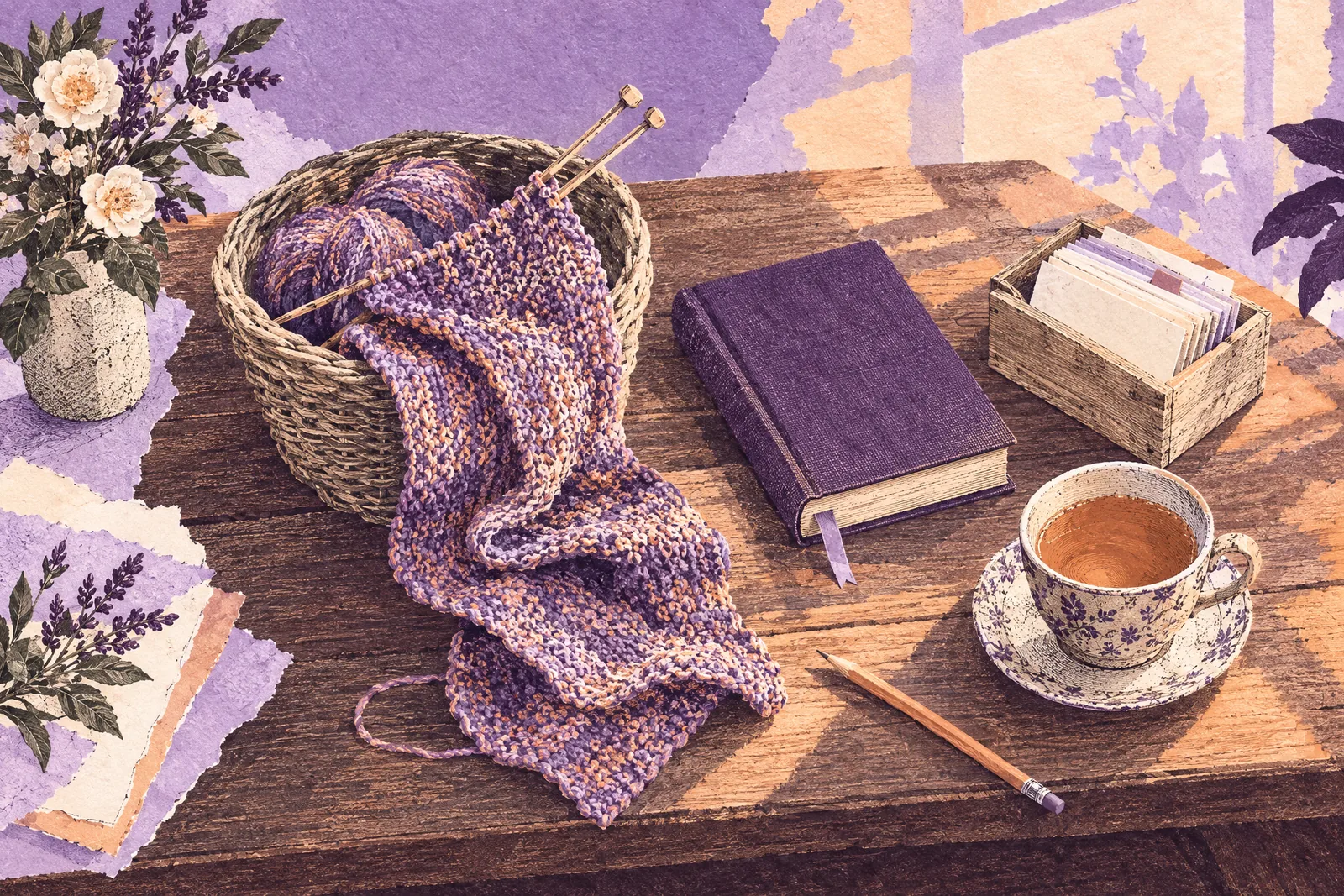 Illustration of a desk seen from above with half-finished knitting, a closed book, blank cards and a cup of tea