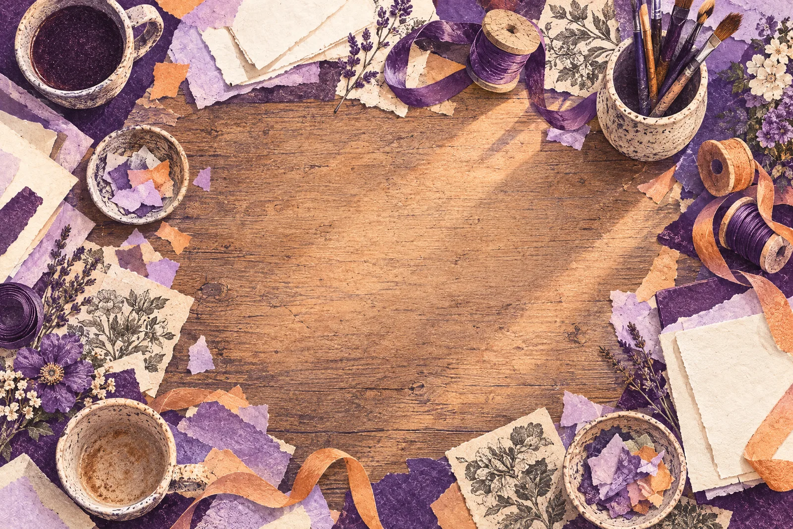 Illustration of a cluttered worktable seen from above with one clear, empty space in the middle