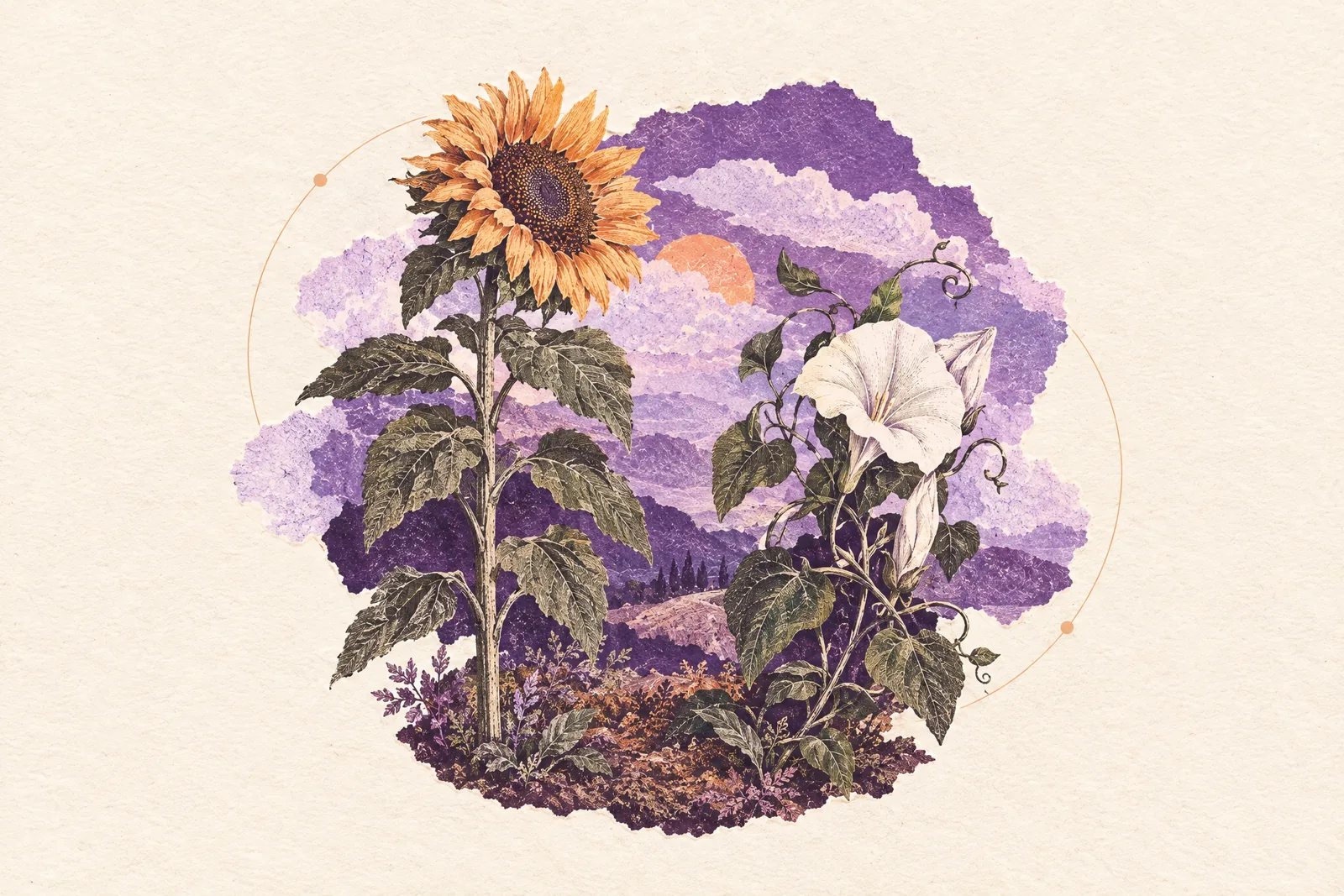 Illustration of a sunflower and a pale moonflower growing side by side from one garden bed