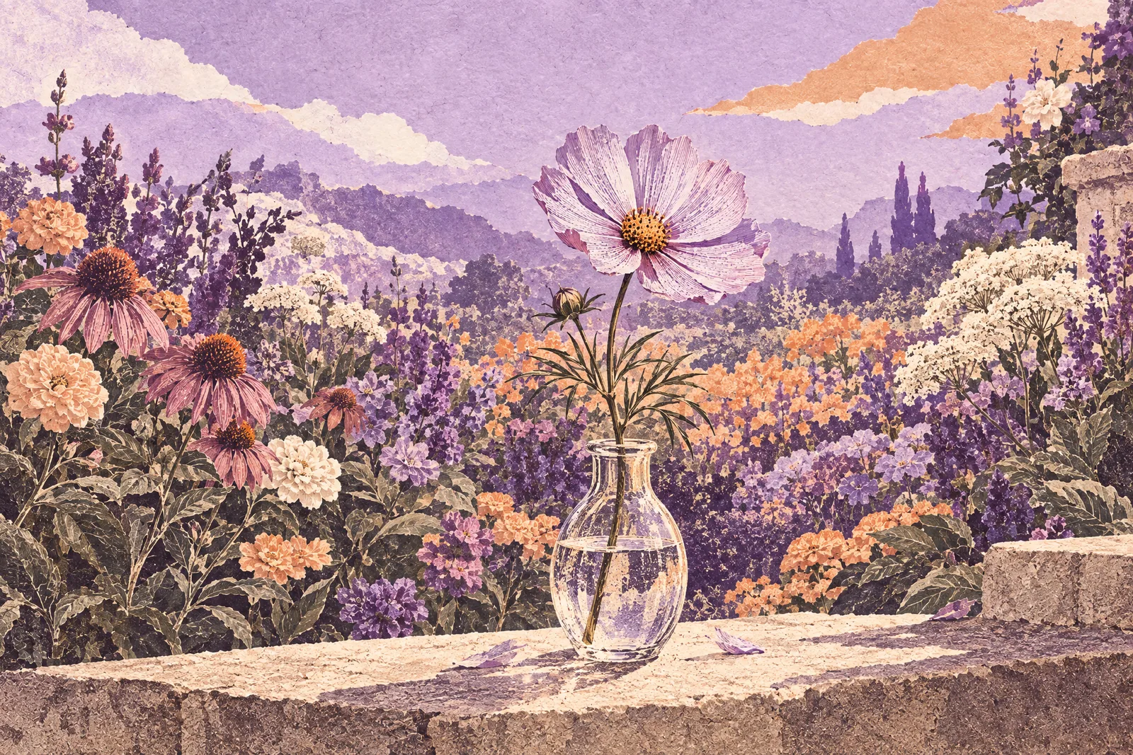 Illustration of a single cut flower in a bud vase in front of a garden in full bloom