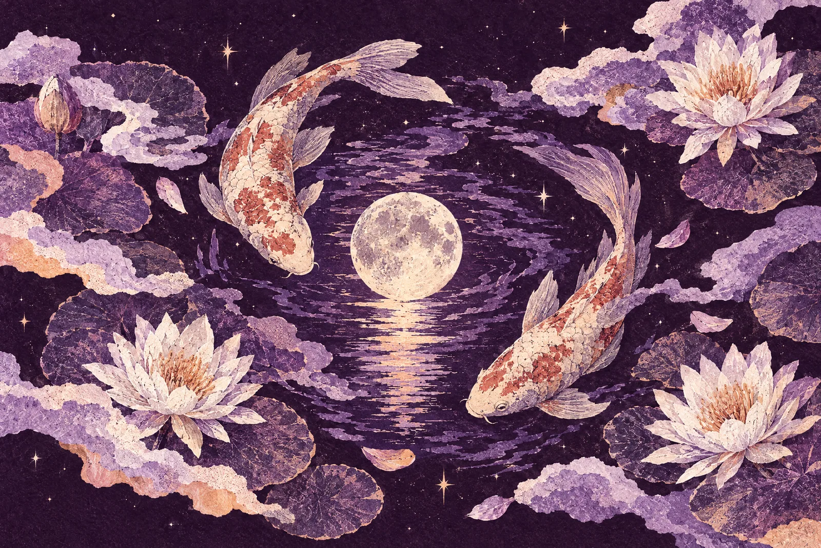 Illustration of two koi circling in a moonlit pond, with water lilies and the moon reflected between them.