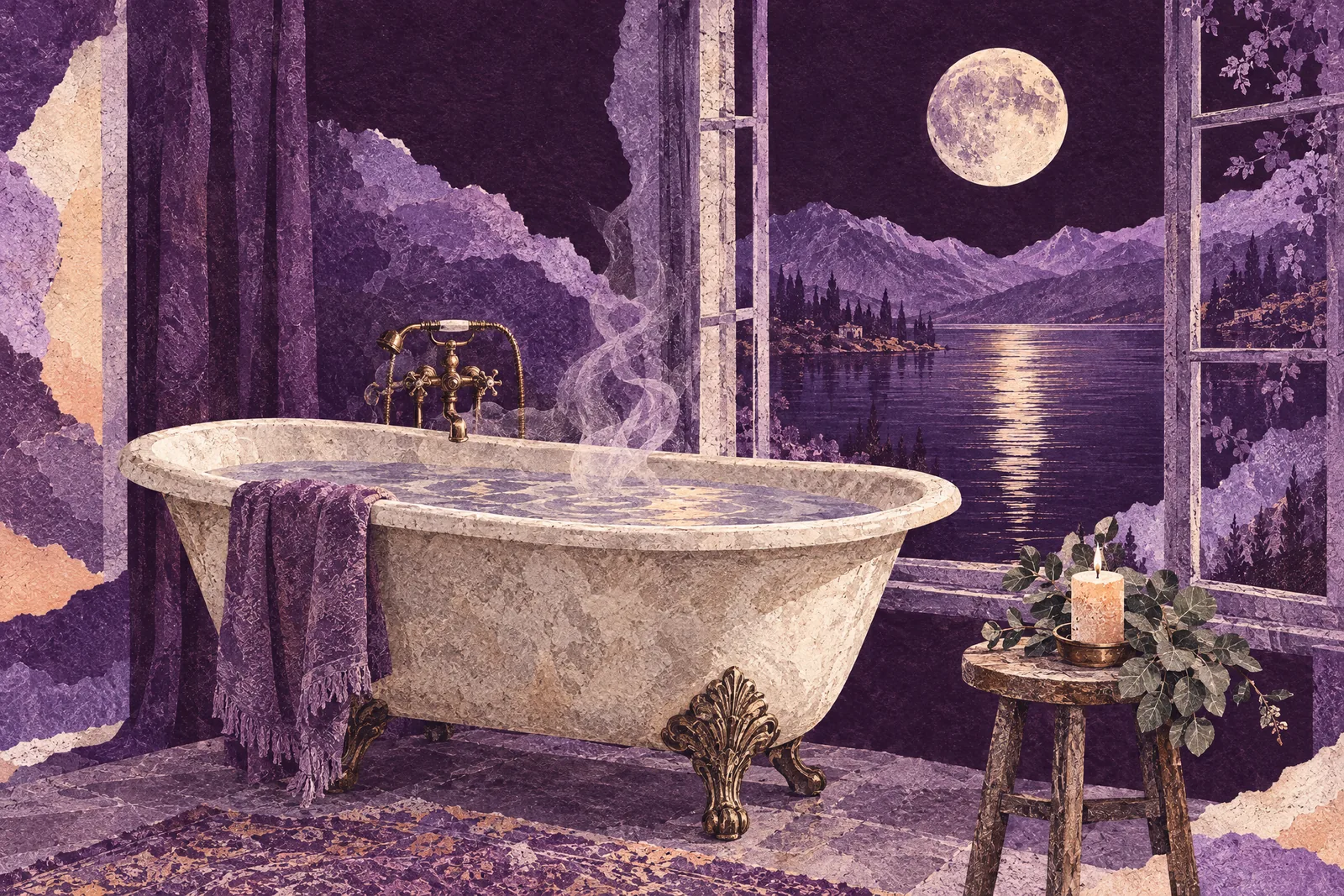 Illustration of a steaming clawfoot bath beside a tall window, with the moon shining over a lake outside