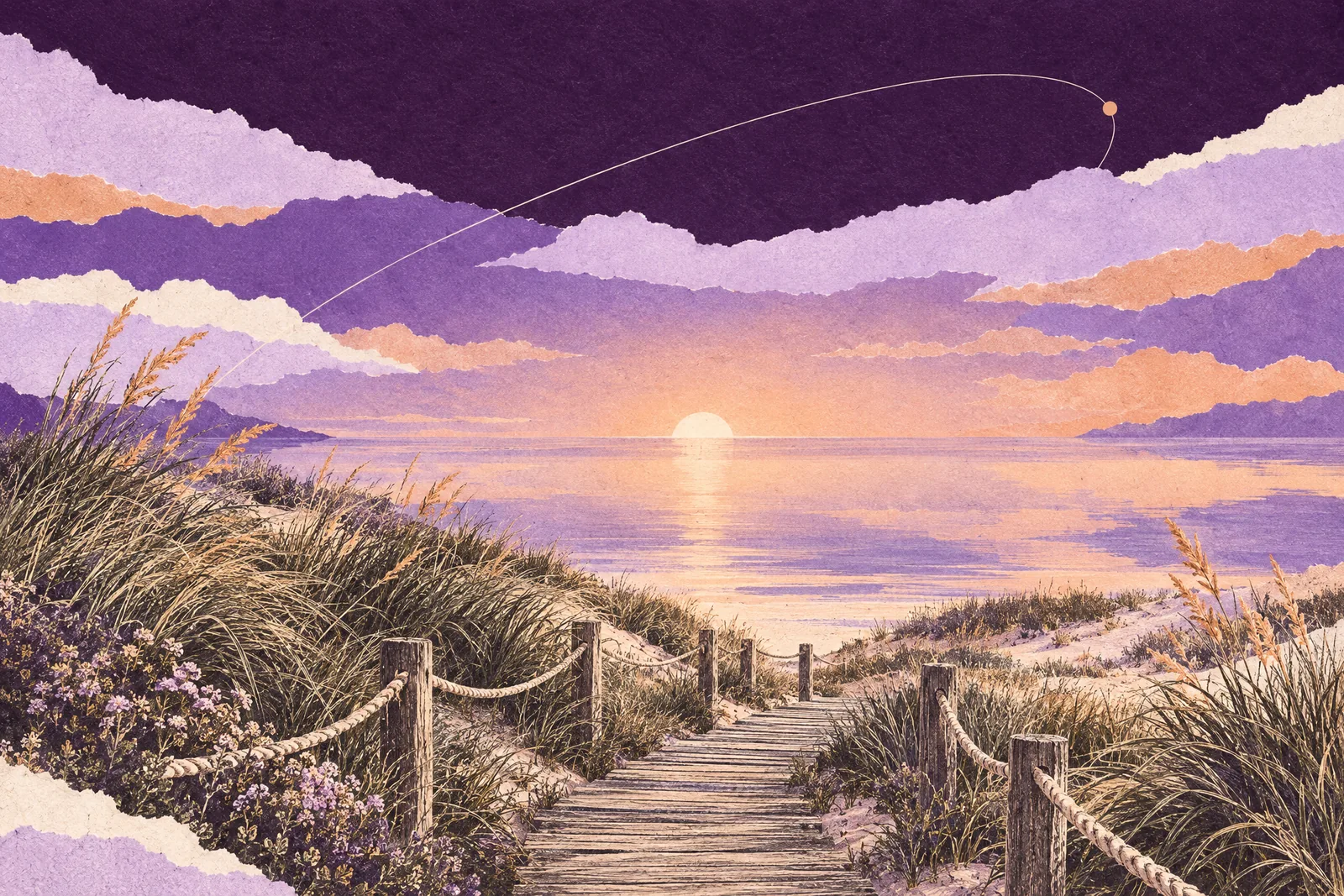Illustration of a boardwalk through dune grass leading to a calm, mirror-like sea at first light