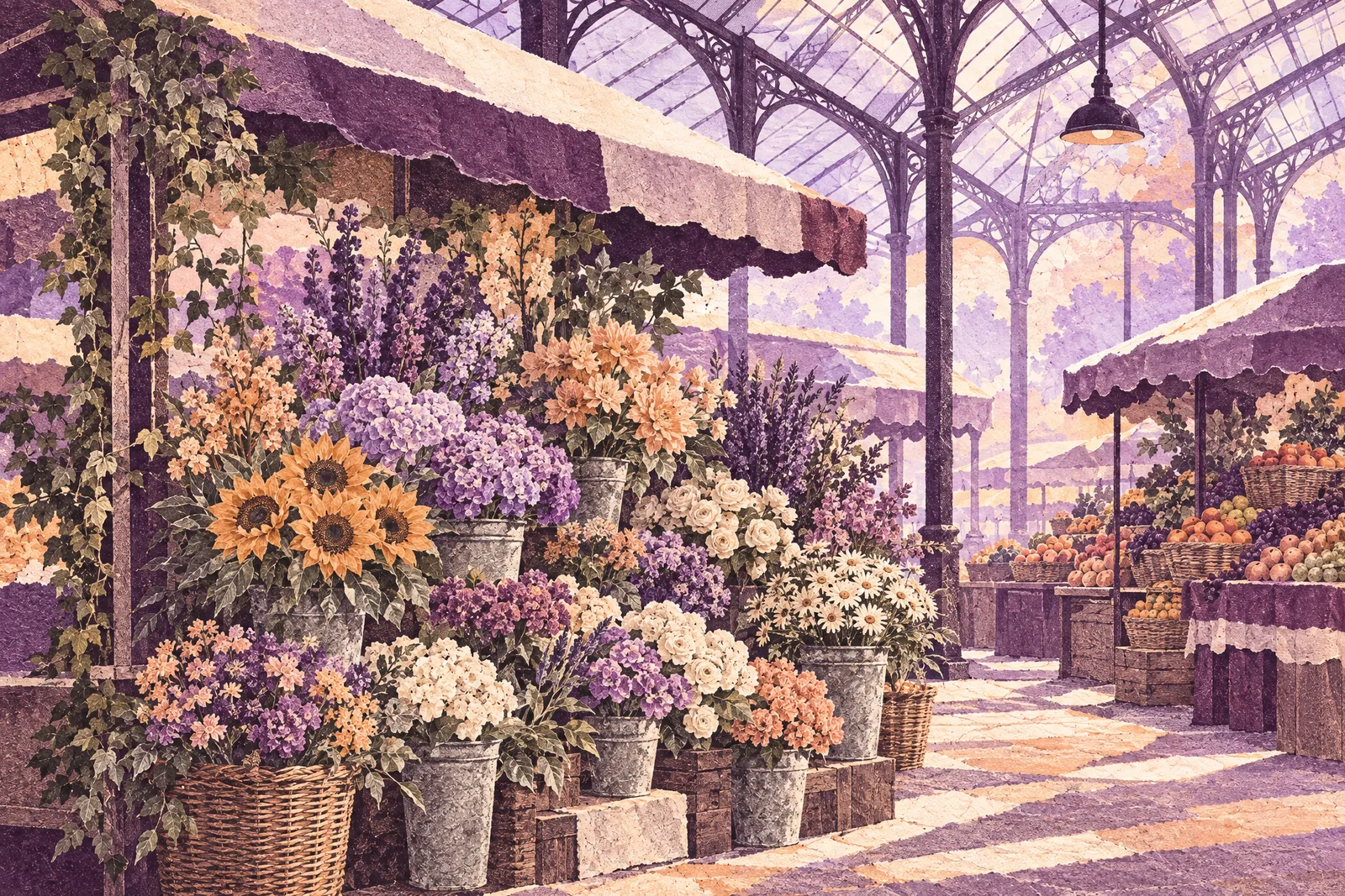 Illustration of a flower stall in a covered market hall with buckets of mixed blooms