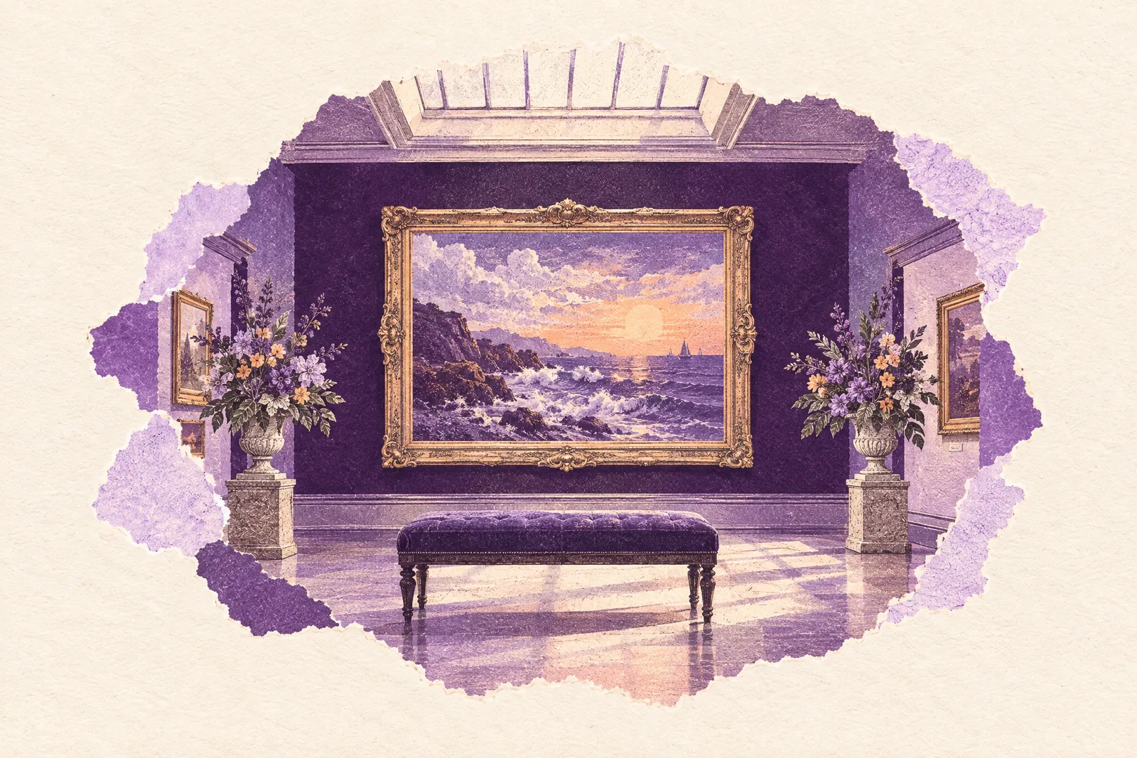 Illustration of an empty museum bench facing a large framed seascape painting