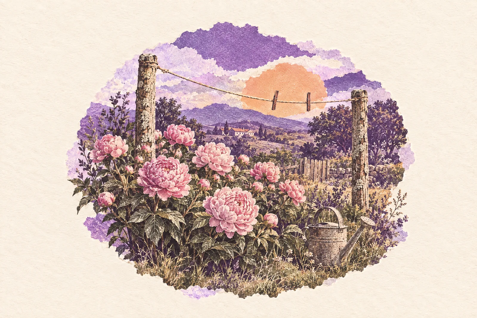 Illustration of pink peonies blooming beneath an old washing line in a community garden plot