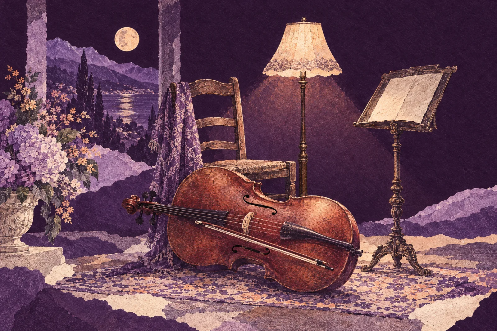 Illustration of a cello and its bow resting beside a chair in a lamplit room at night