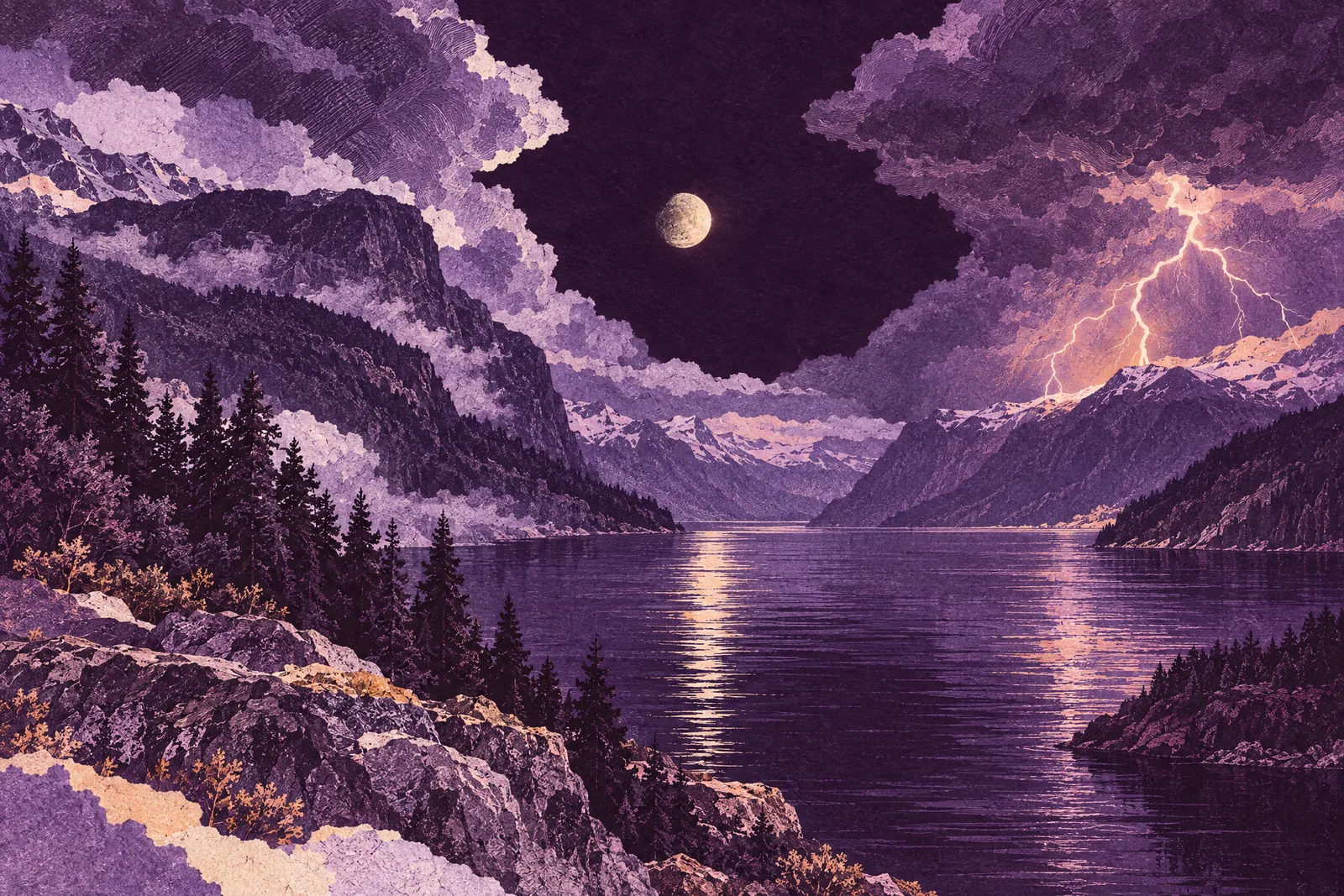 Illustration of a thunderstorm over a pine-lined fjord at night, a bright planet shining through a gap in the clouds.