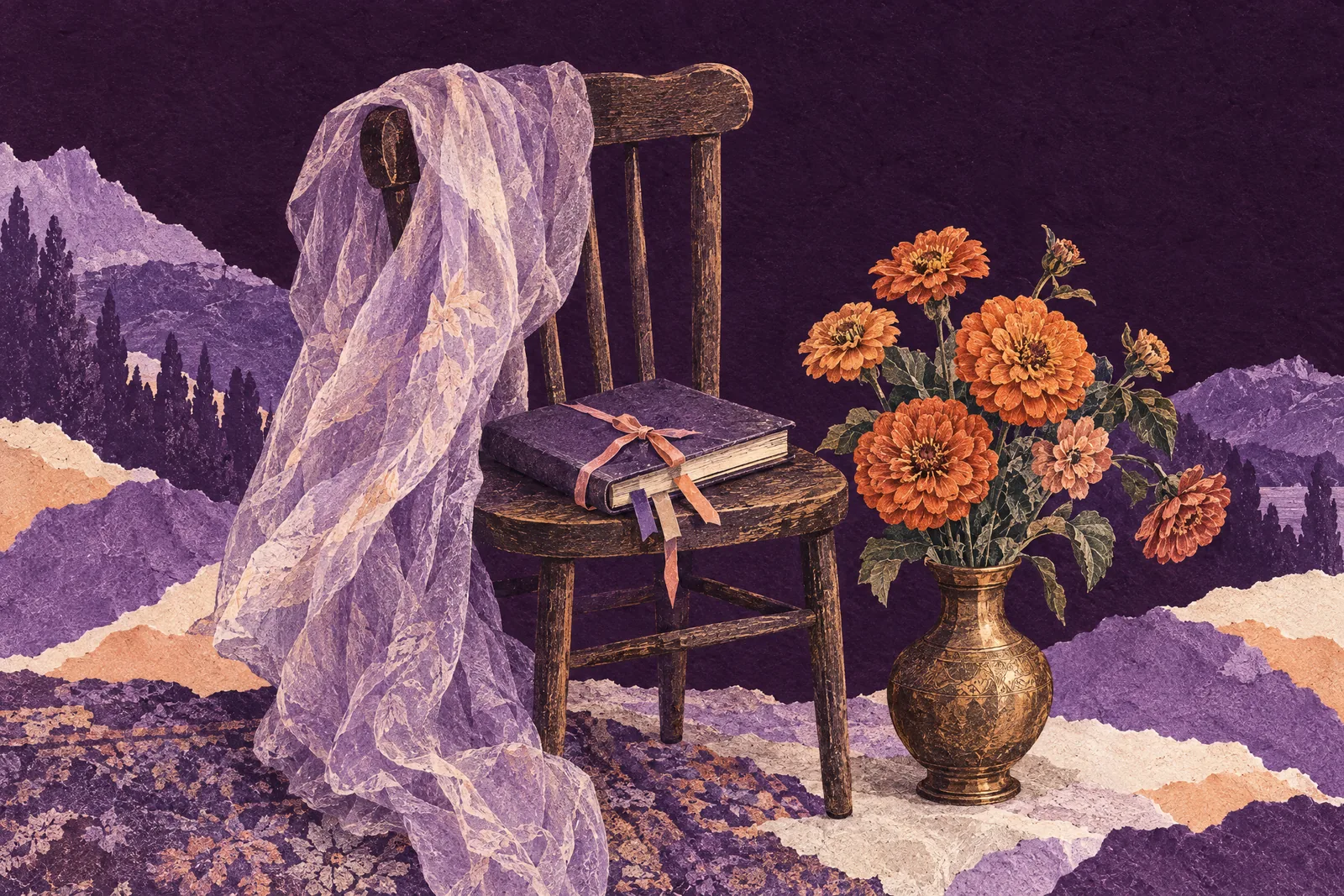 Illustration of a soft scarf over a chair, a closed planner on the seat and a vase of orange zinnias