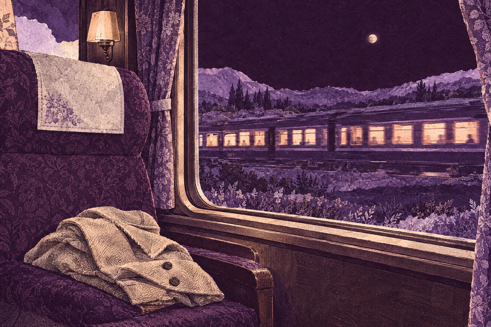 Illustration of a train carriage at night, a slower lit train alongside and a bright planet over dark fields.