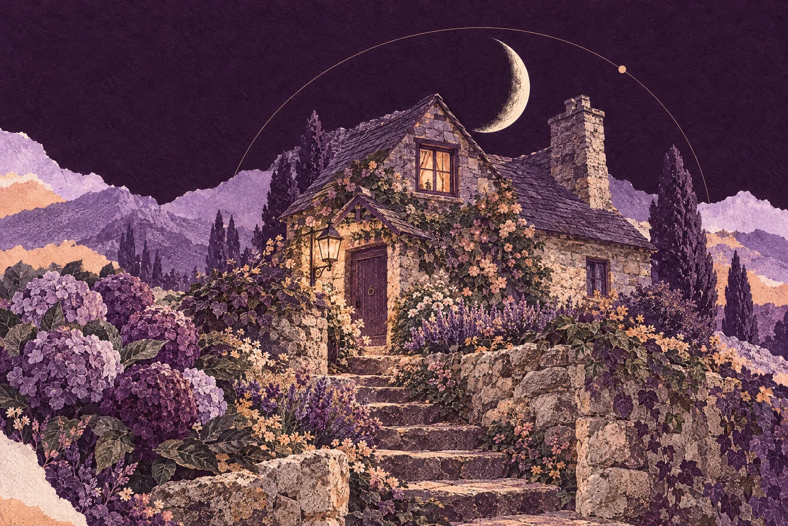Illustration of a stone cottage at night with a lit porch lantern, a glowing window and a crescent moon