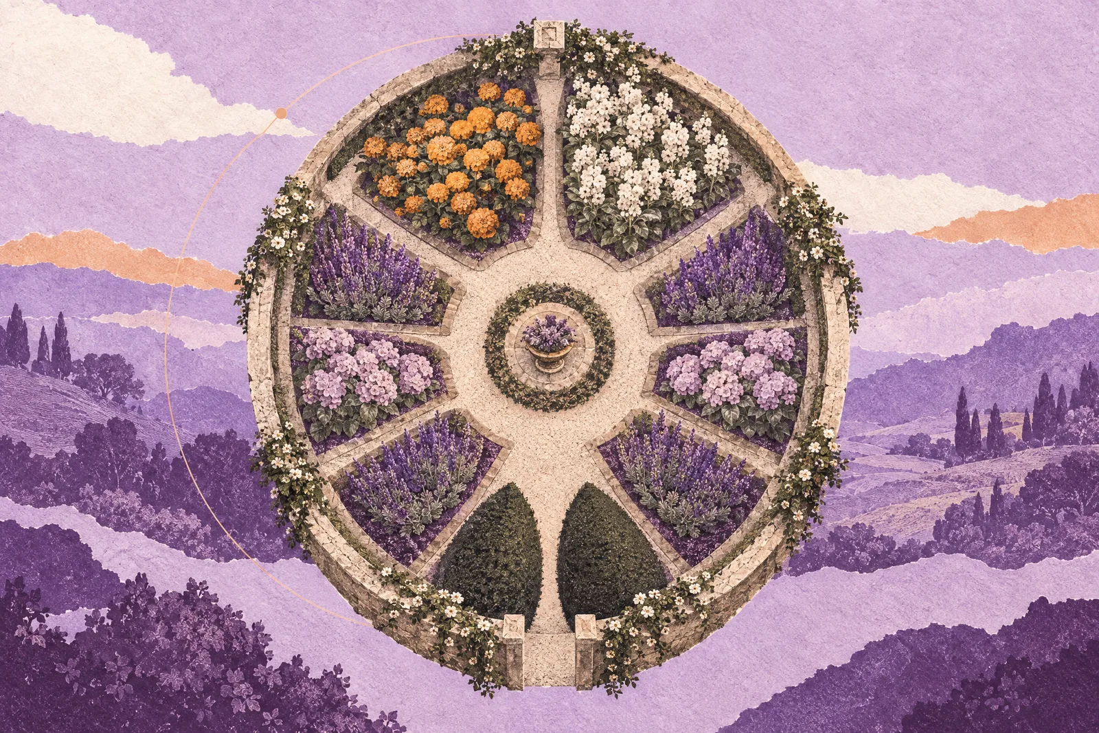Illustration of a round walled garden seen from above, its flower beds laid out in matching pairs