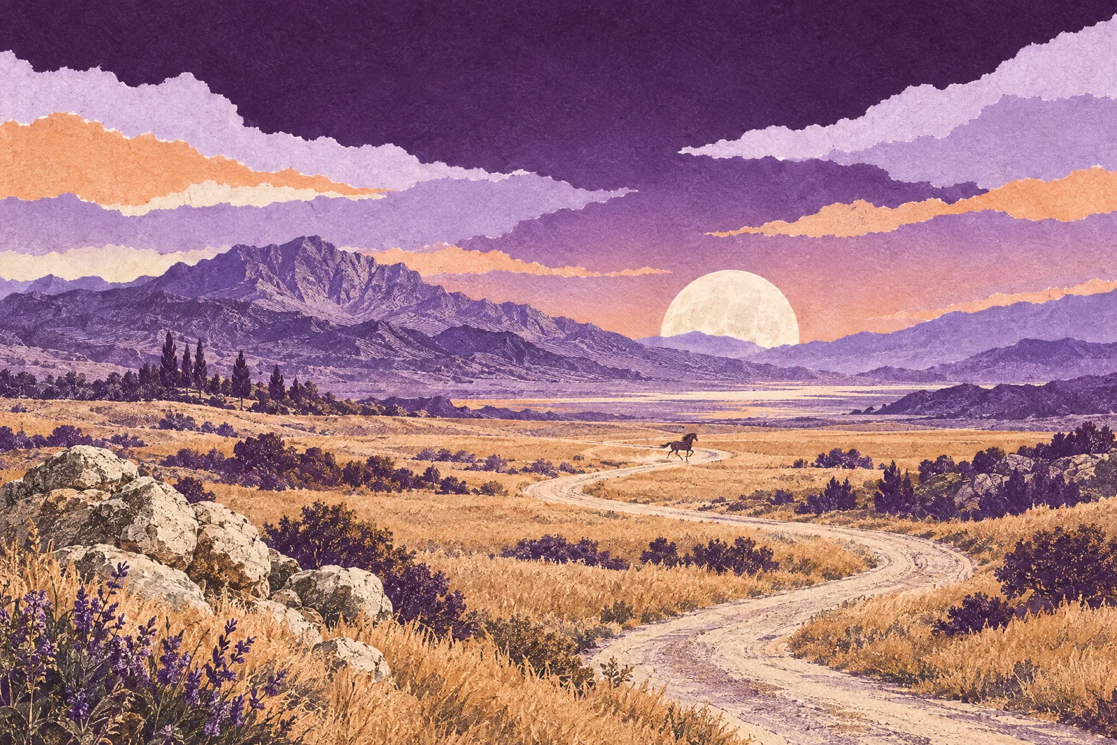Illustration of a winding road across golden plains toward mountains, with a moon rising on the horizon.