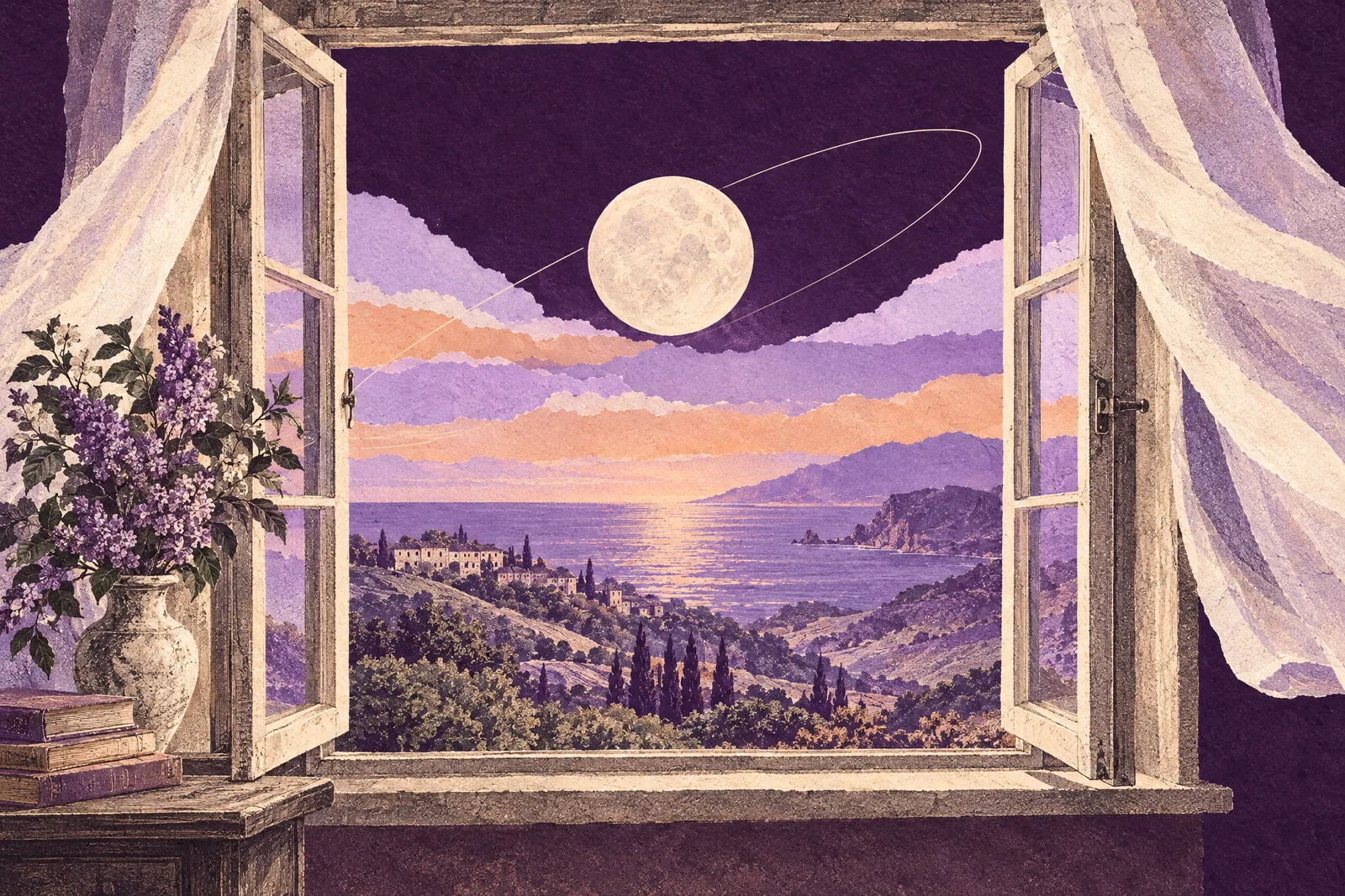 Illustration of an open window with curtains lifting in the breeze, looking out over hills to the coast