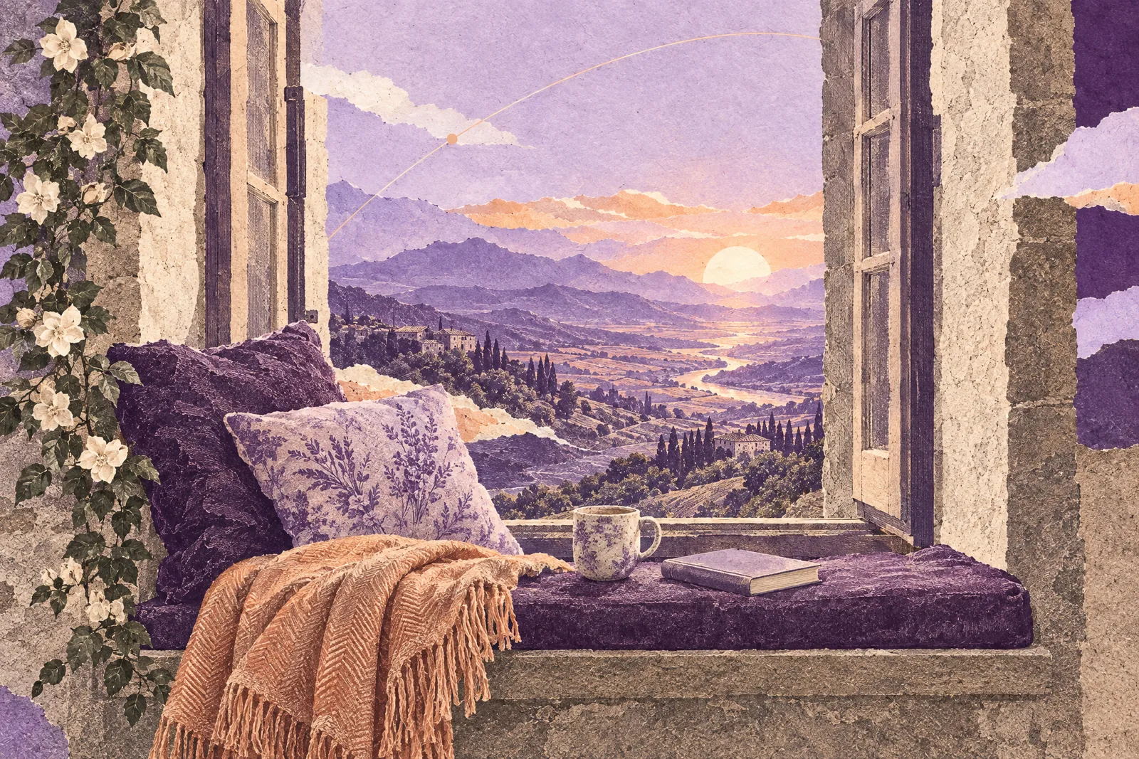 Illustration of a cushioned window nook with a blanket and mug, looking out on a valley at sunrise