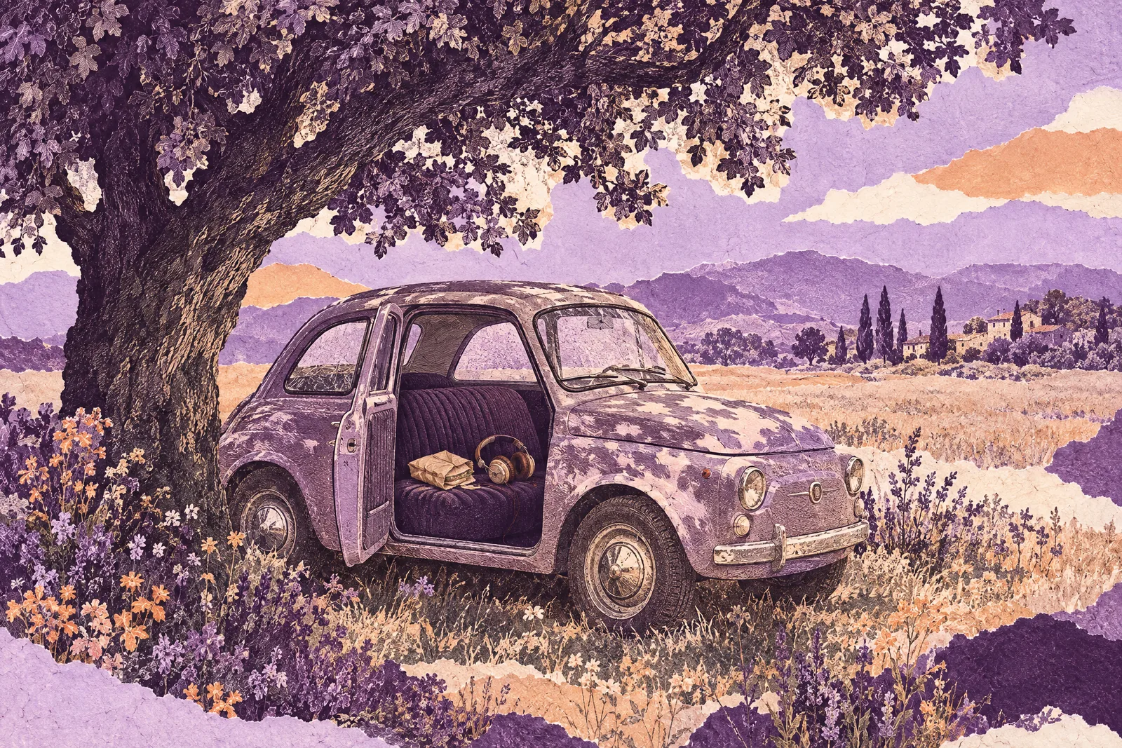 Illustration of a vintage car parked in the shade of a big tree beside a quiet field