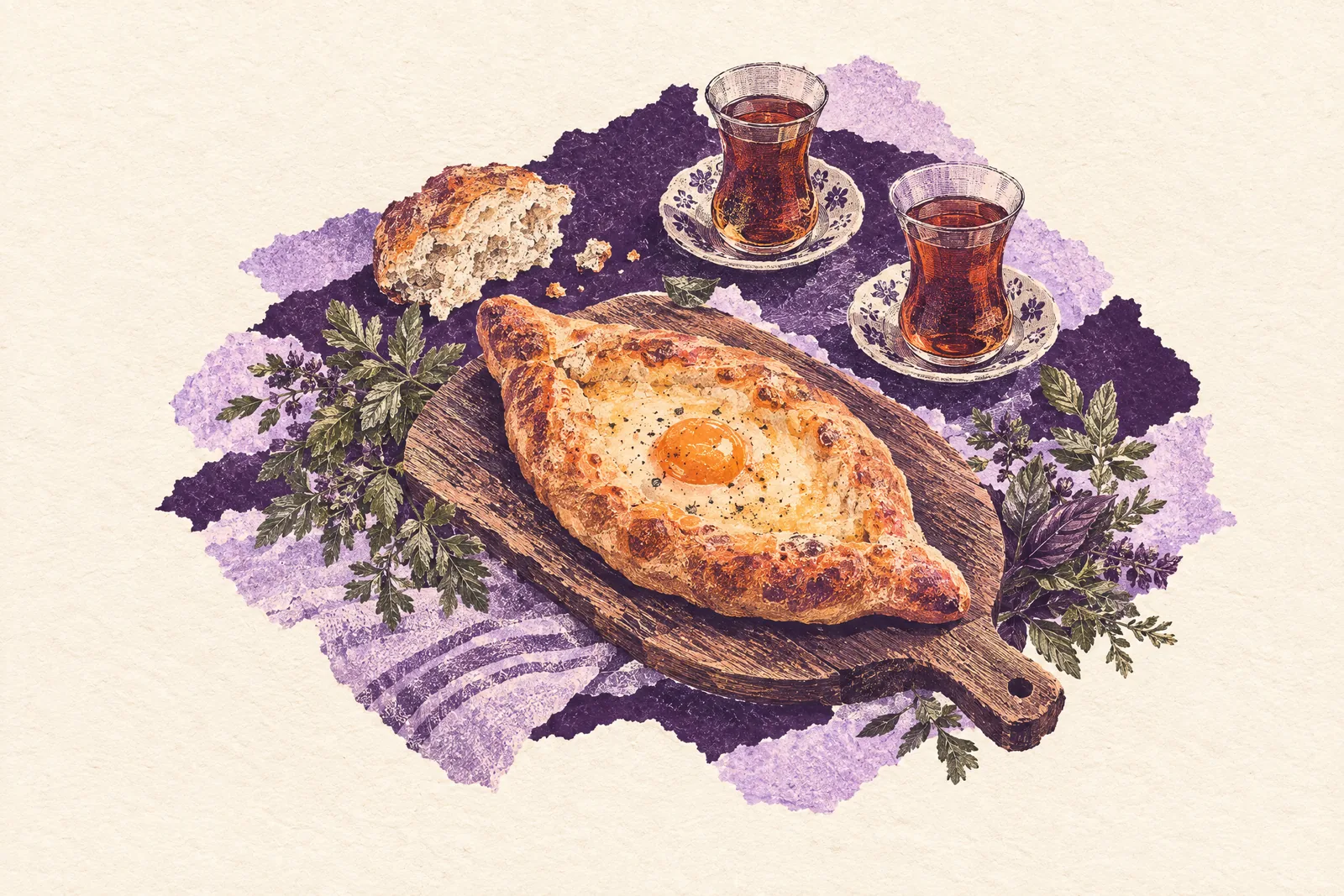 Illustration of a boat-shaped cheese bread and two glasses of tea on a bakery table, seen from above