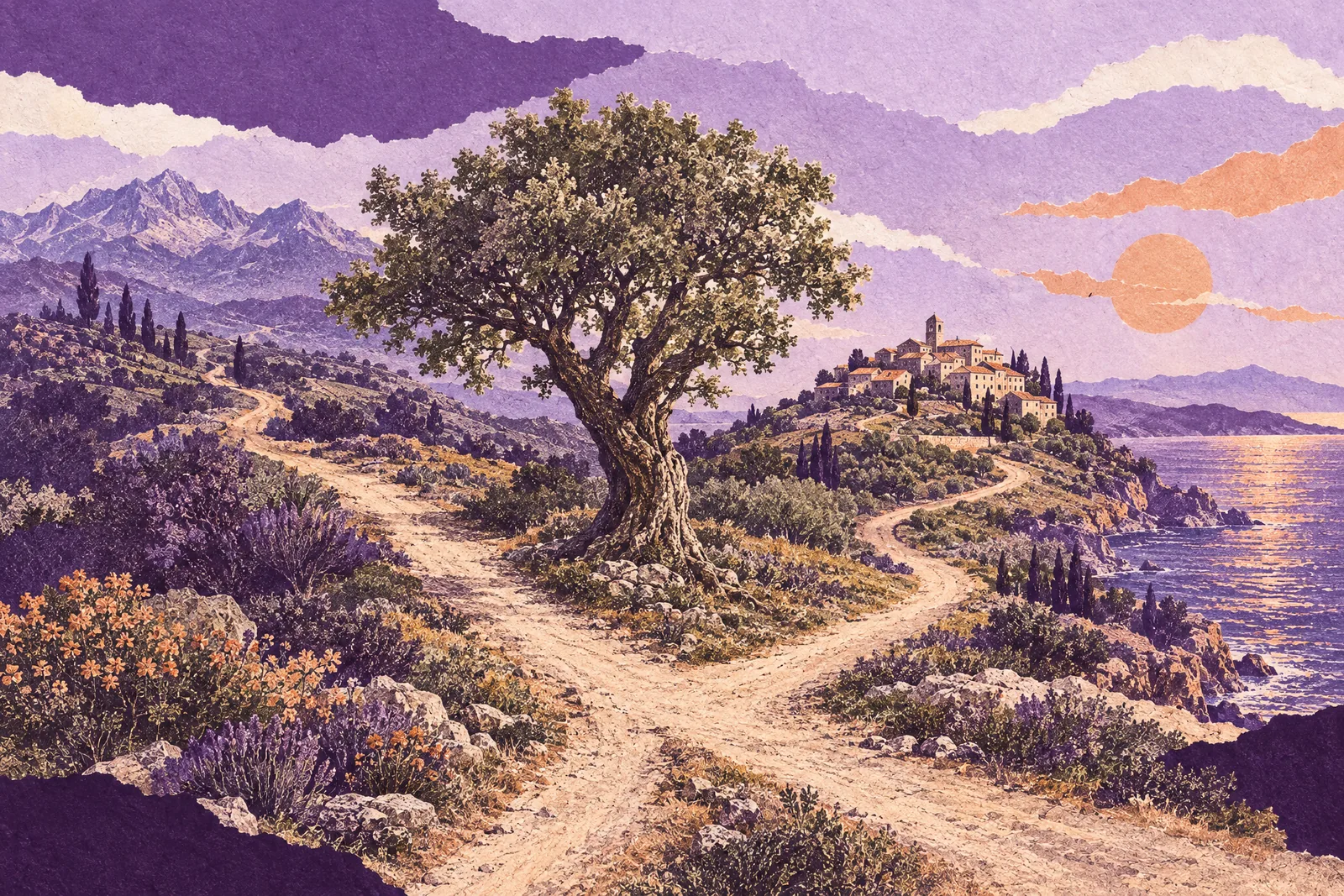 Illustration of a dirt road splitting at a lone tree toward mountains, the sea and a hill village
