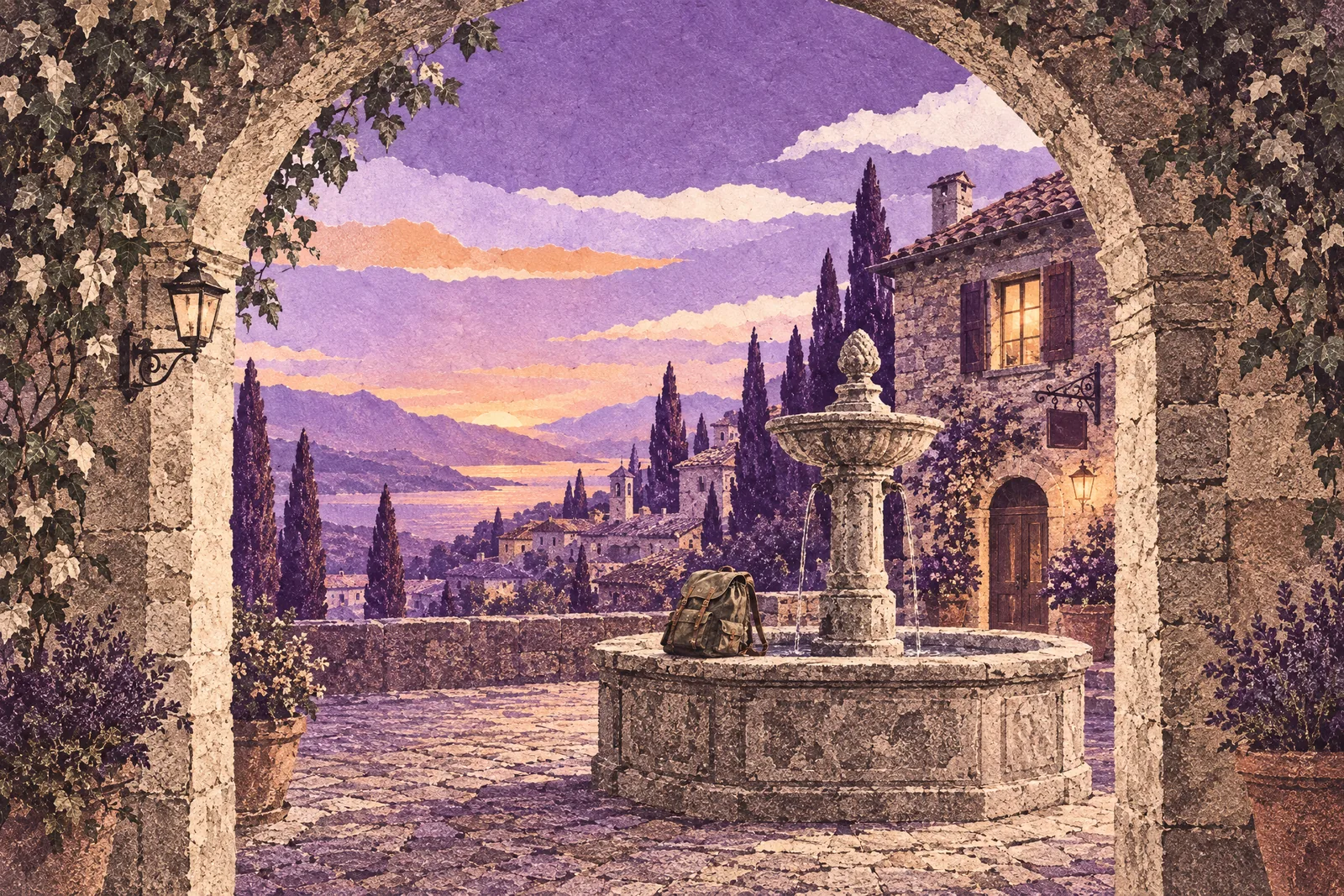 Illustration of a small hill-town square at twilight seen through a stone gateway, a backpack on the fountain