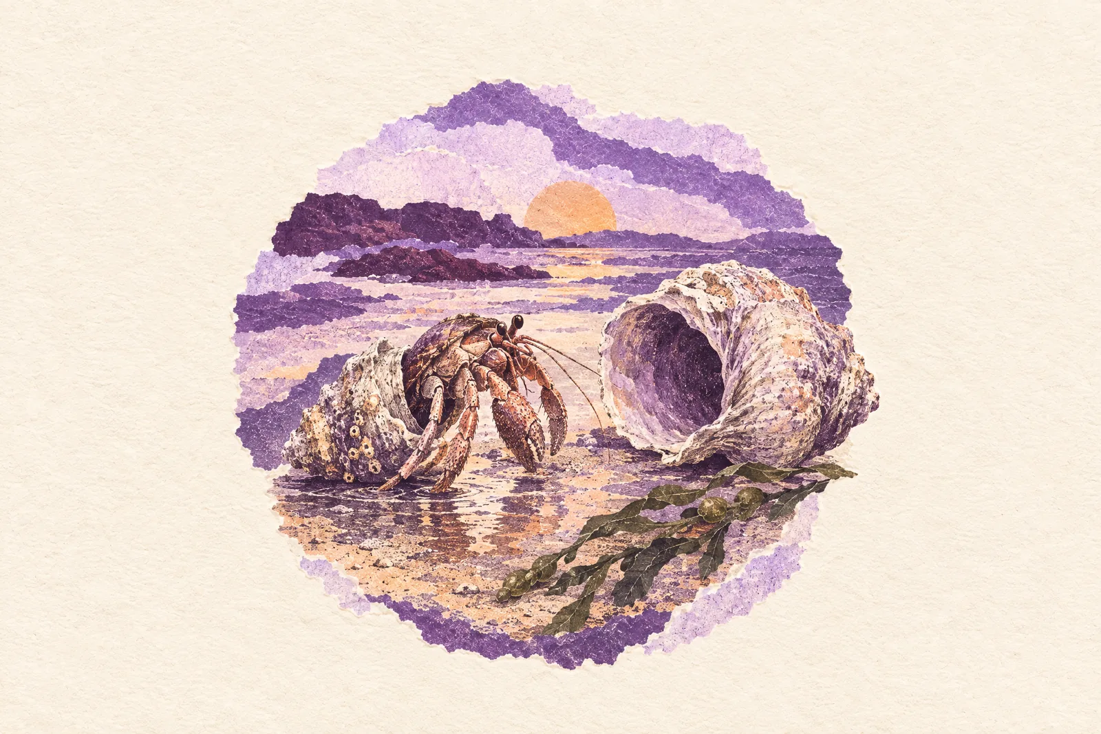 Illustration of a hermit crab leaving a small shell for a larger empty one on wet sand