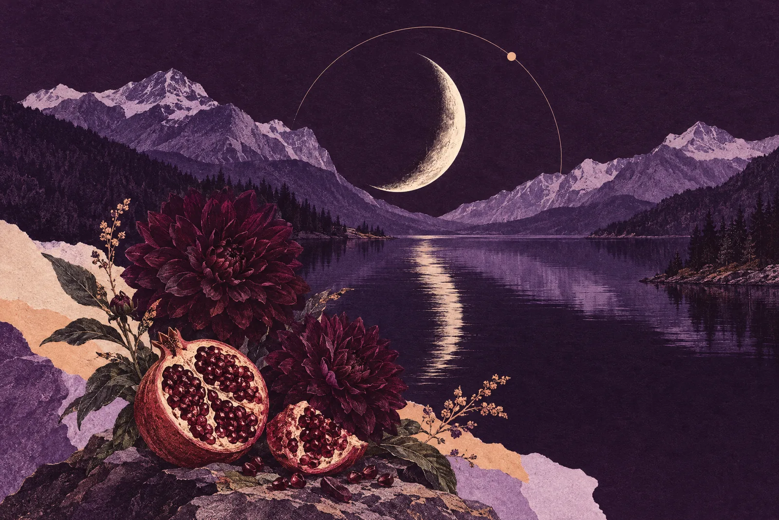 Illustration of a crescent moon over a dark mountain lake, with split pomegranates and burgundy dahlias.