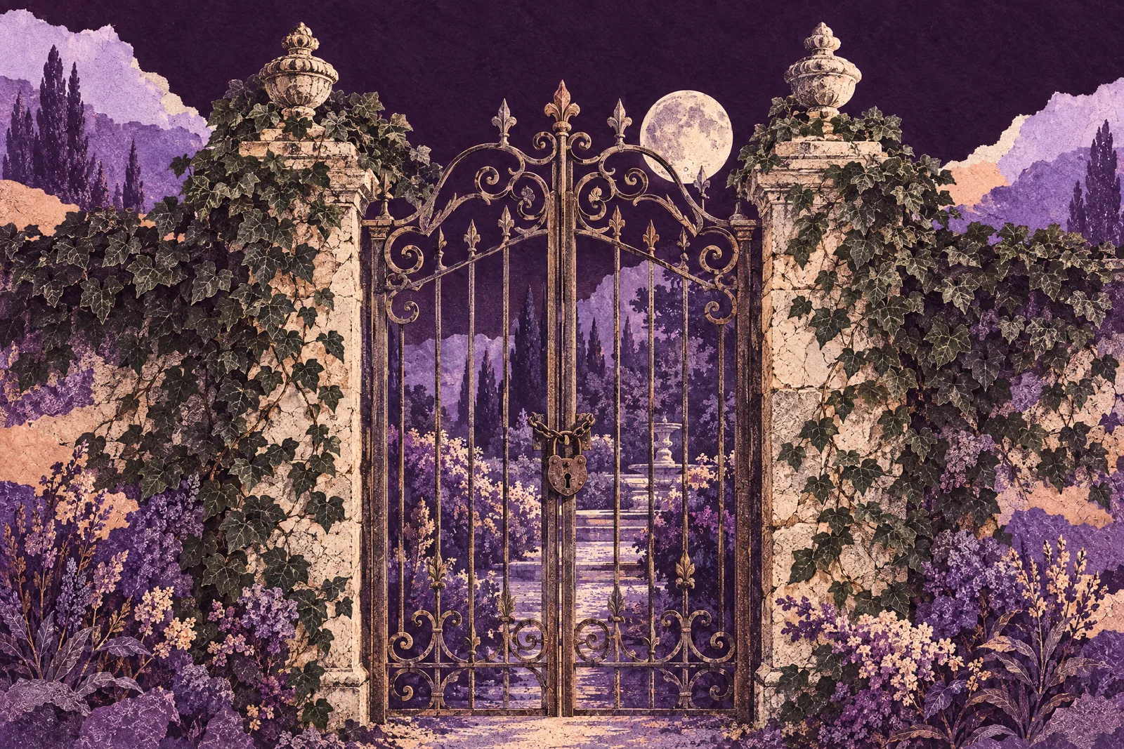 Illustration of a locked iron gate in an ivy-covered wall with a moonlit garden glimpsed through the bars