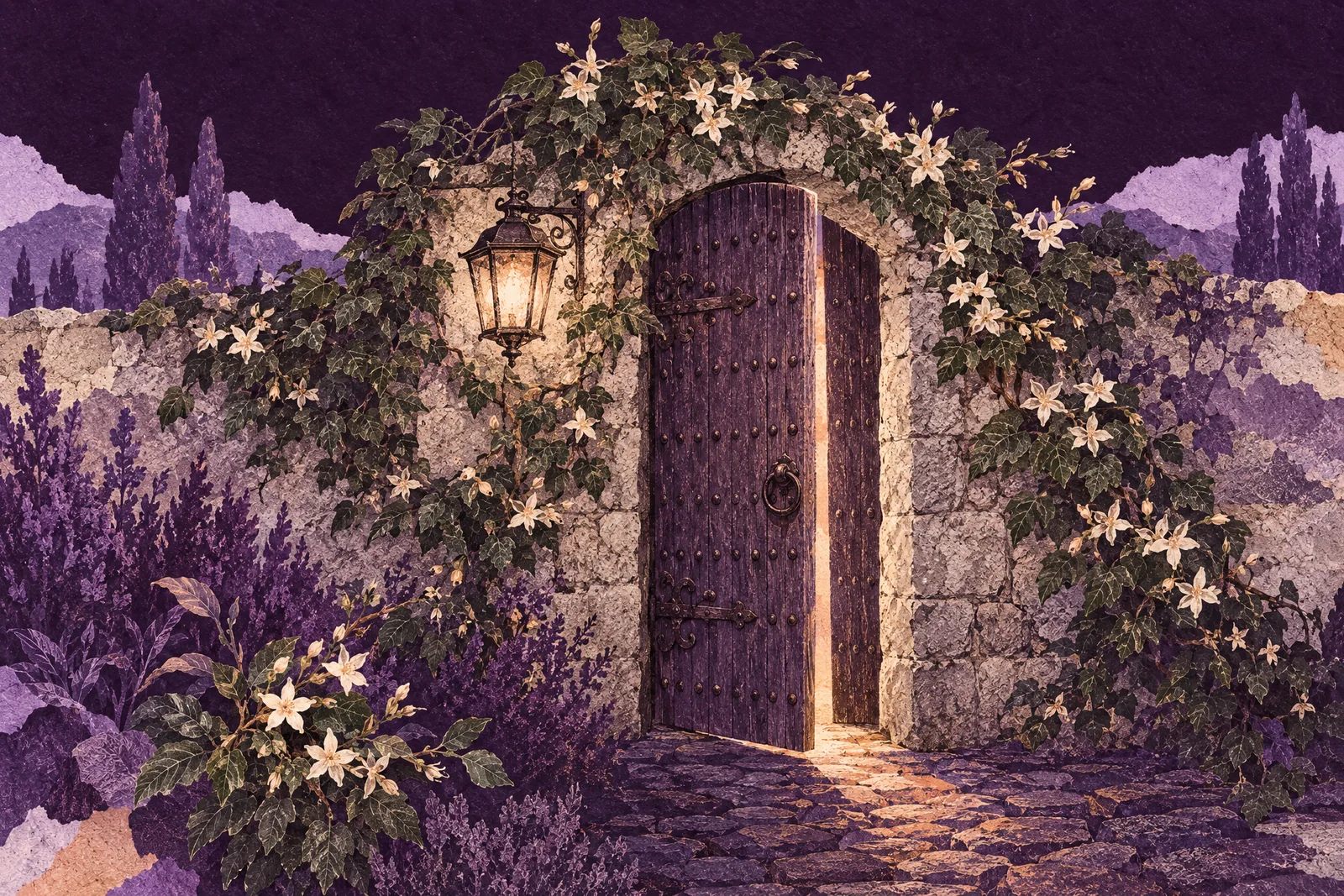 Illustration of an old wooden door in a stone wall at night, standing ajar with warm light spilling out