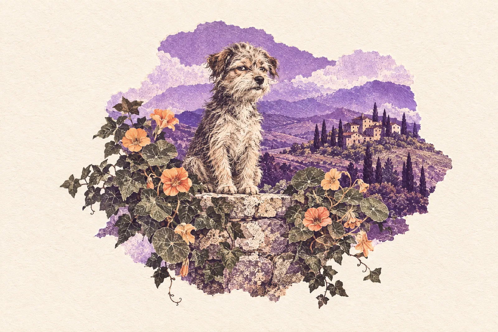 Illustration of a scruffy little dog sitting on a garden wall with an unimpressed look