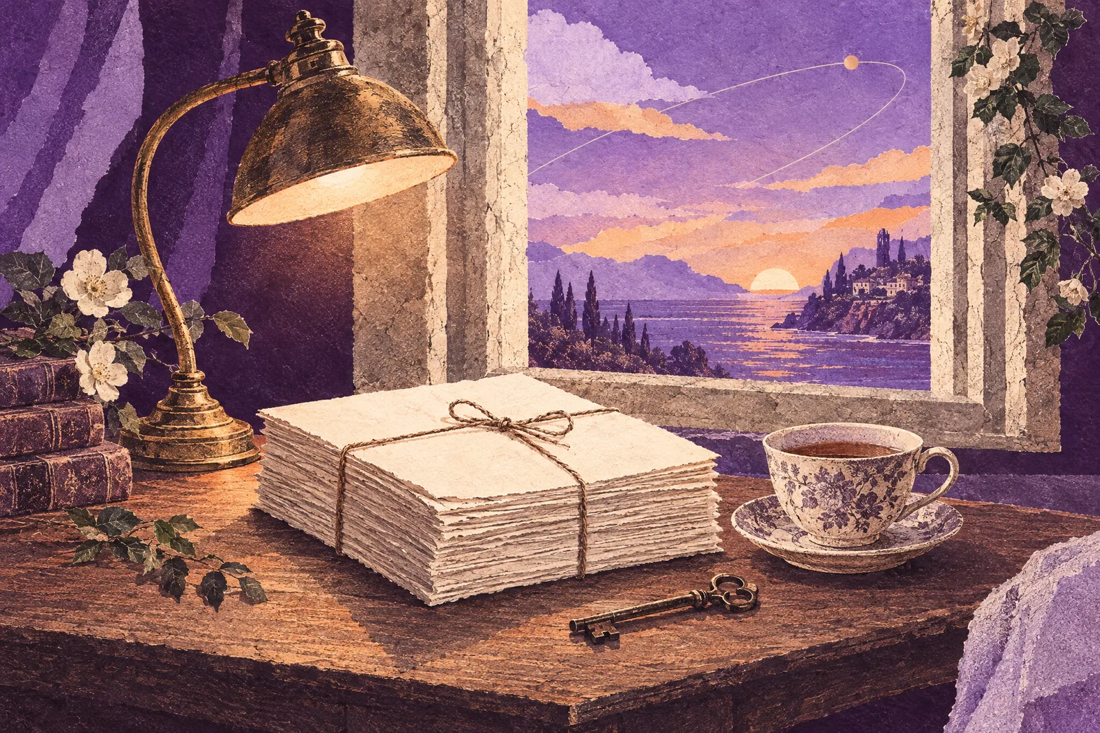 Illustration of a lamplit desk at dusk with a tied stack of paper, an old key and a cup of tea