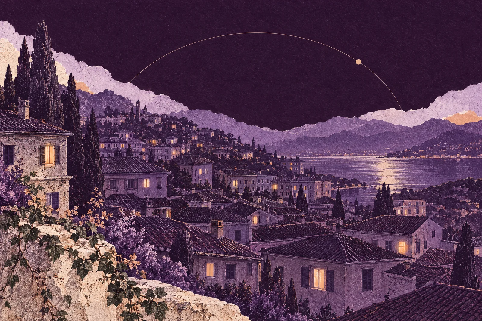 Illustration of a city neighborhood at night where only a few windows are still lit
