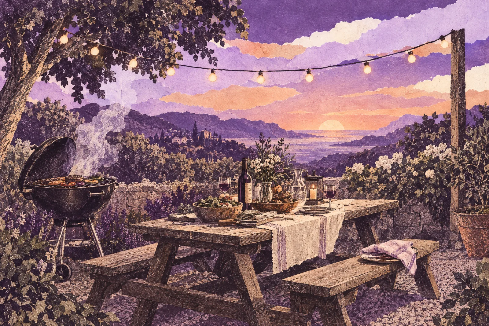 Illustration of a backyard barbecue at dusk with a picnic table and one covered plate set aside