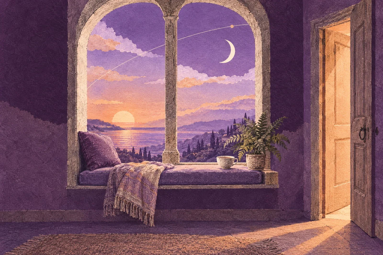 Illustration of a window seat at dusk with the setting sun and a rising crescent moon outside