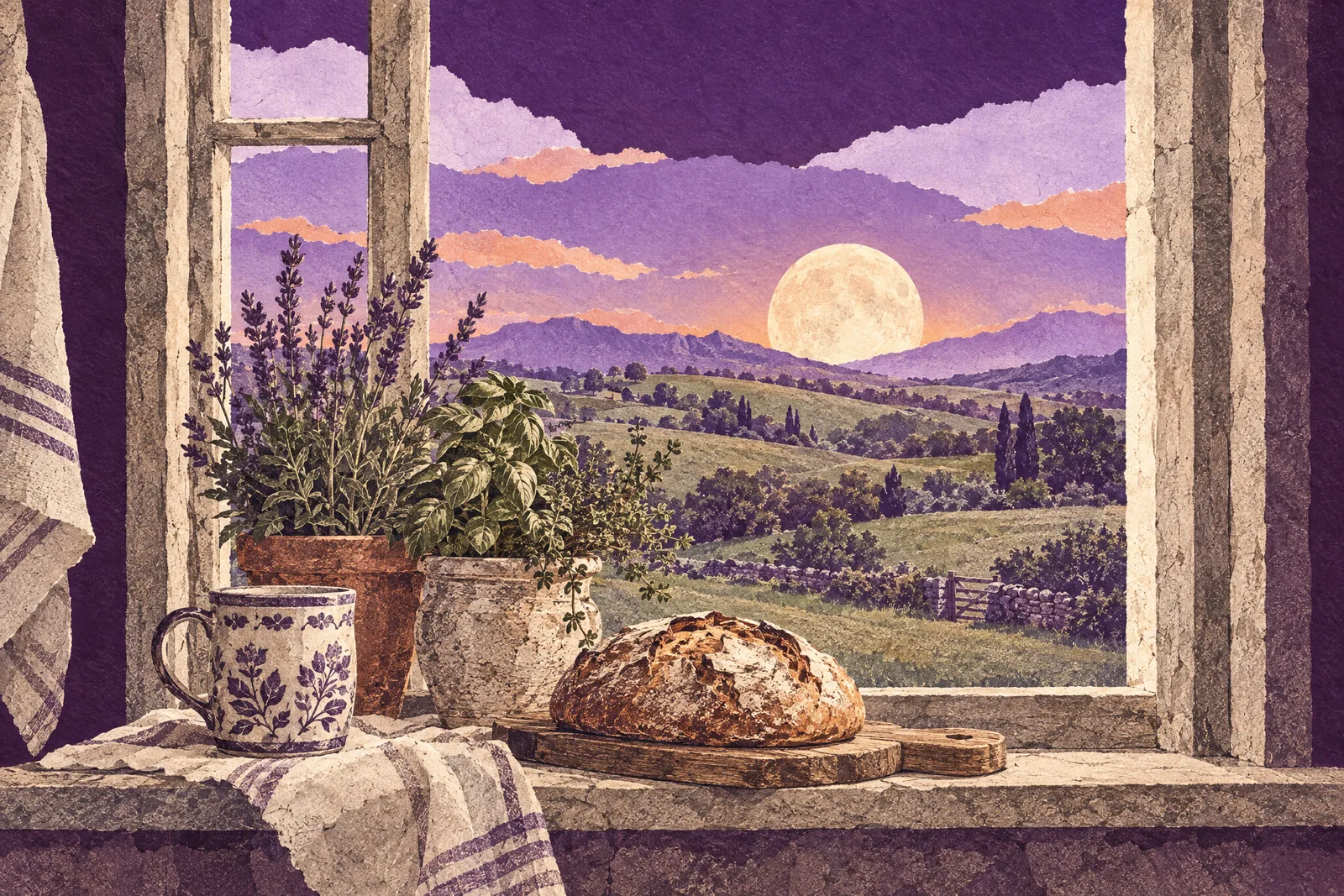 Illustration of a kitchen windowsill with a mug, bread and herbs, and a full moon rising over green hills.