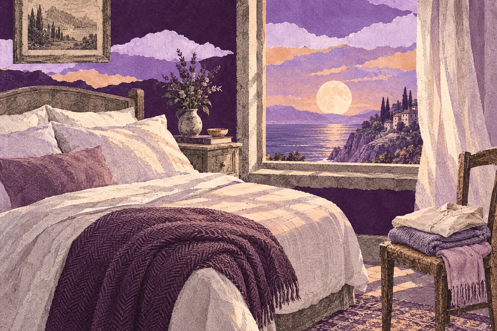 Illustration of a freshly made bed with turned-down linen sheets and a wool blanket in soft evening light