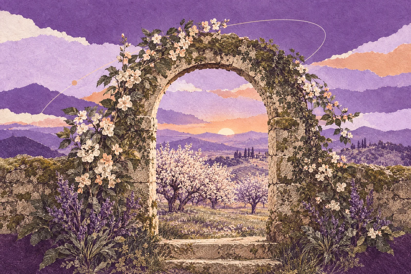 Illustration of a stone archway in a mossy wall opening onto a blossoming orchard at first light