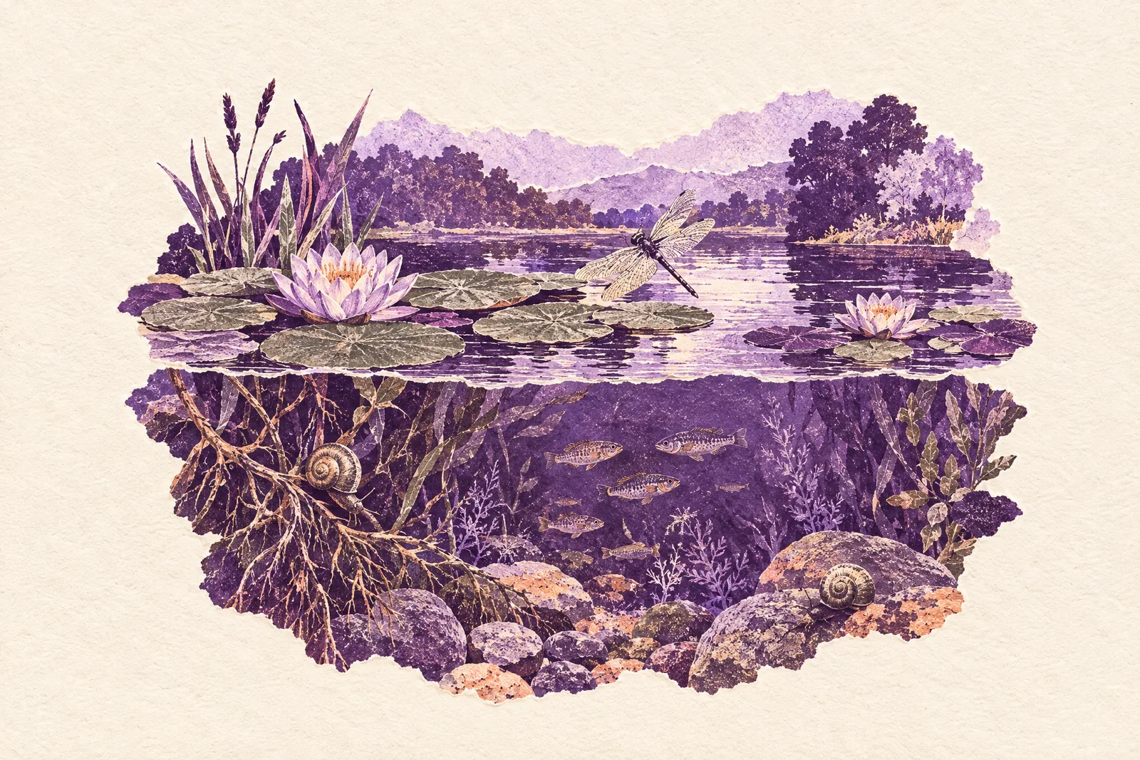 Illustration of a millpond in cutaway, with lily pads above and roots, stones and small fish below