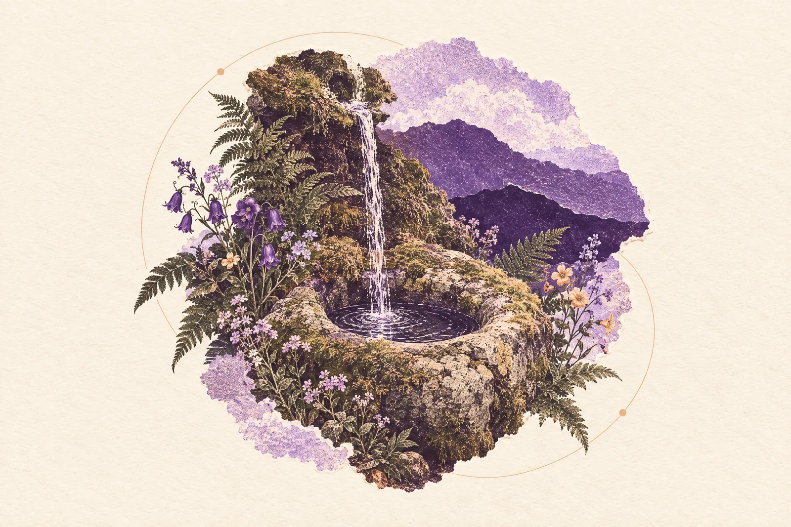 Illustration of a thin stream of water falling into a smooth round basin worn into a mossy boulder
