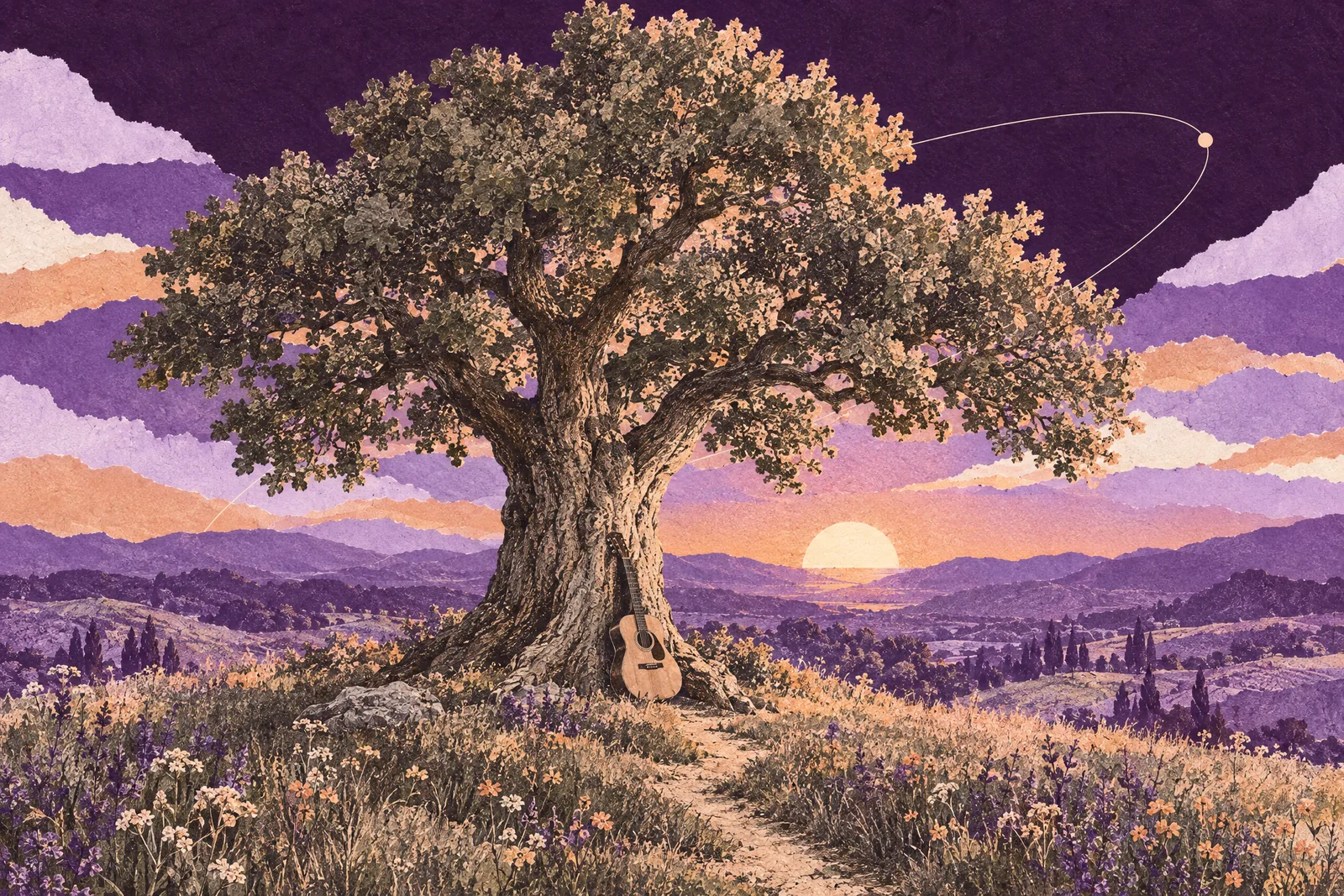 Illustration of an old oak in a spring meadow with a guitar leaning on its trunk and a low golden sun