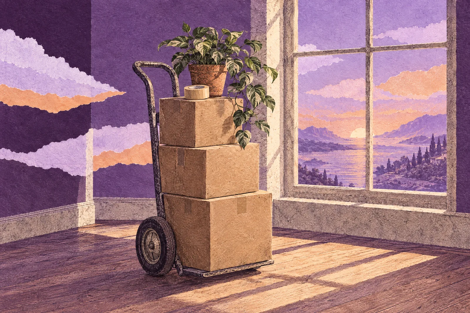 Illustration of a two-wheeled dolly stacked with moving boxes and a potted plant in an empty, sunlit room